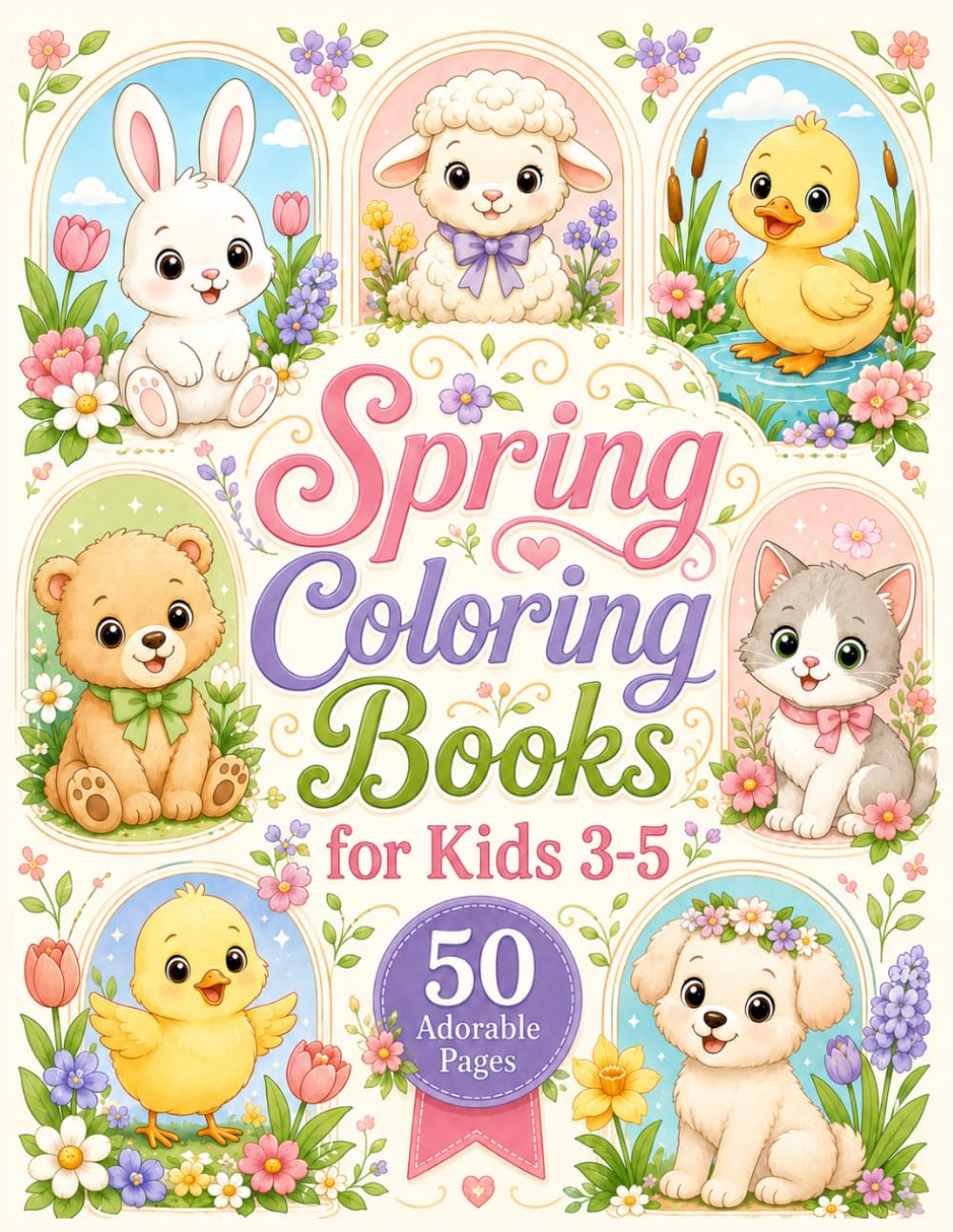 Spring Coloring Books for Kids 3-5: 50 Big and Simple Animal Pages with Bunnies, Chicks, Lambs, Puppies, Kittens, Flowers, Butterflies, Rainbows, and ... for Preschoolers and Kindergarten Learning