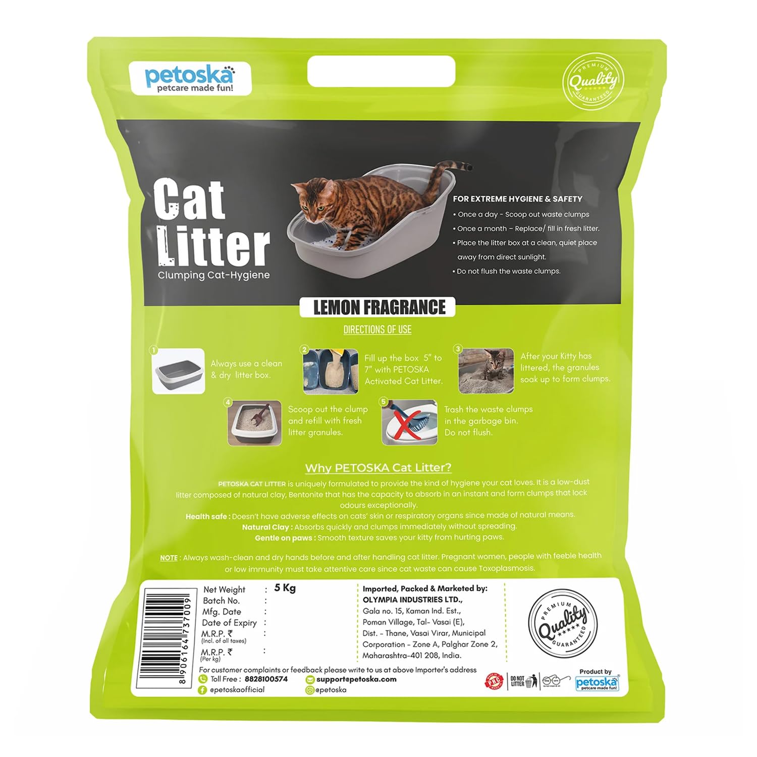 Petoska Cat Litter 5kg Lemon | Fast-Clumping Bentonite Cat Litter with Odour Lock, Low Dust & Gentle on Paws | Fresh & Zesty Litter Box Everyday