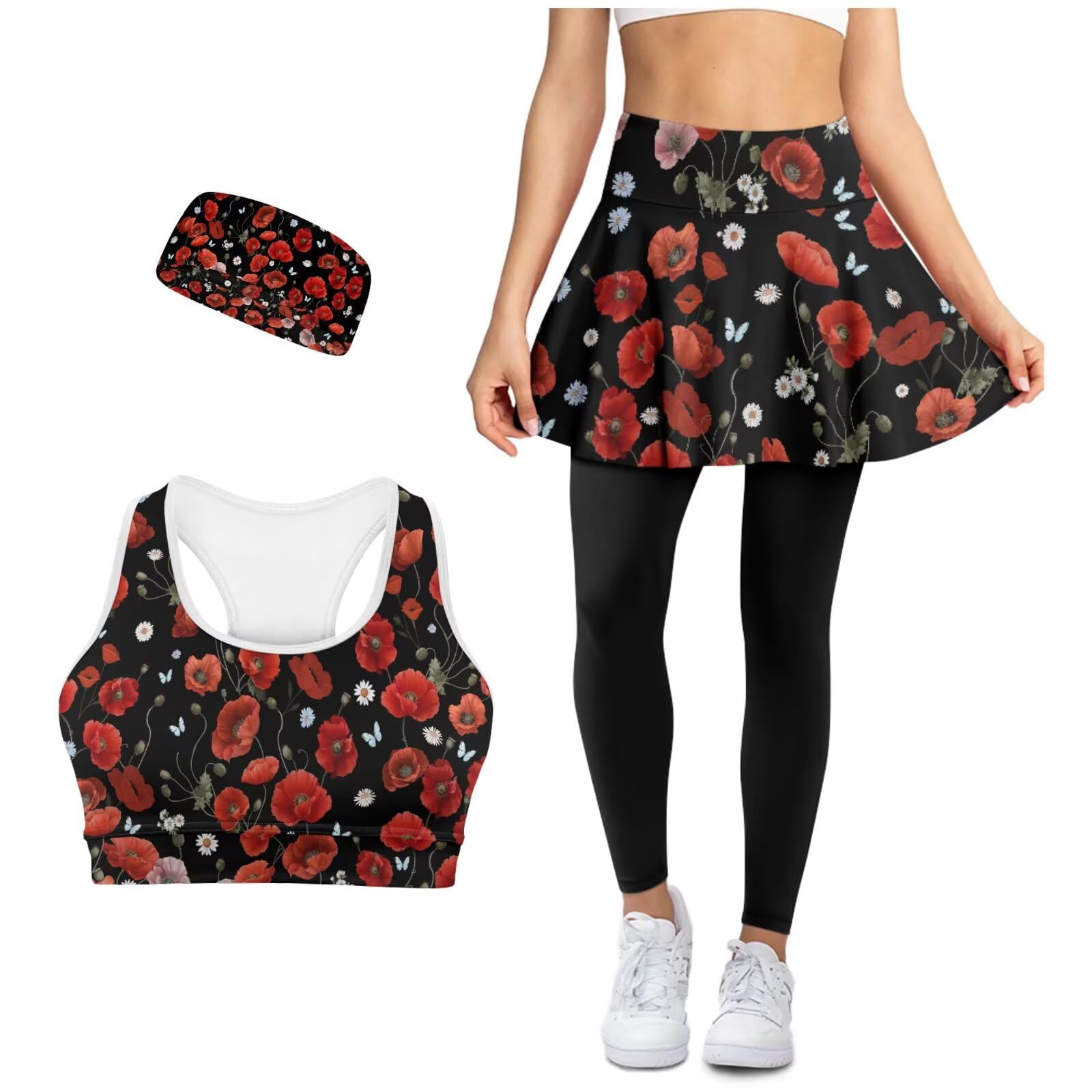 Womens Golf Skirt with Leggings Yoga Sets for Women Support Back Pocket Sports Bra Non Slip Headband