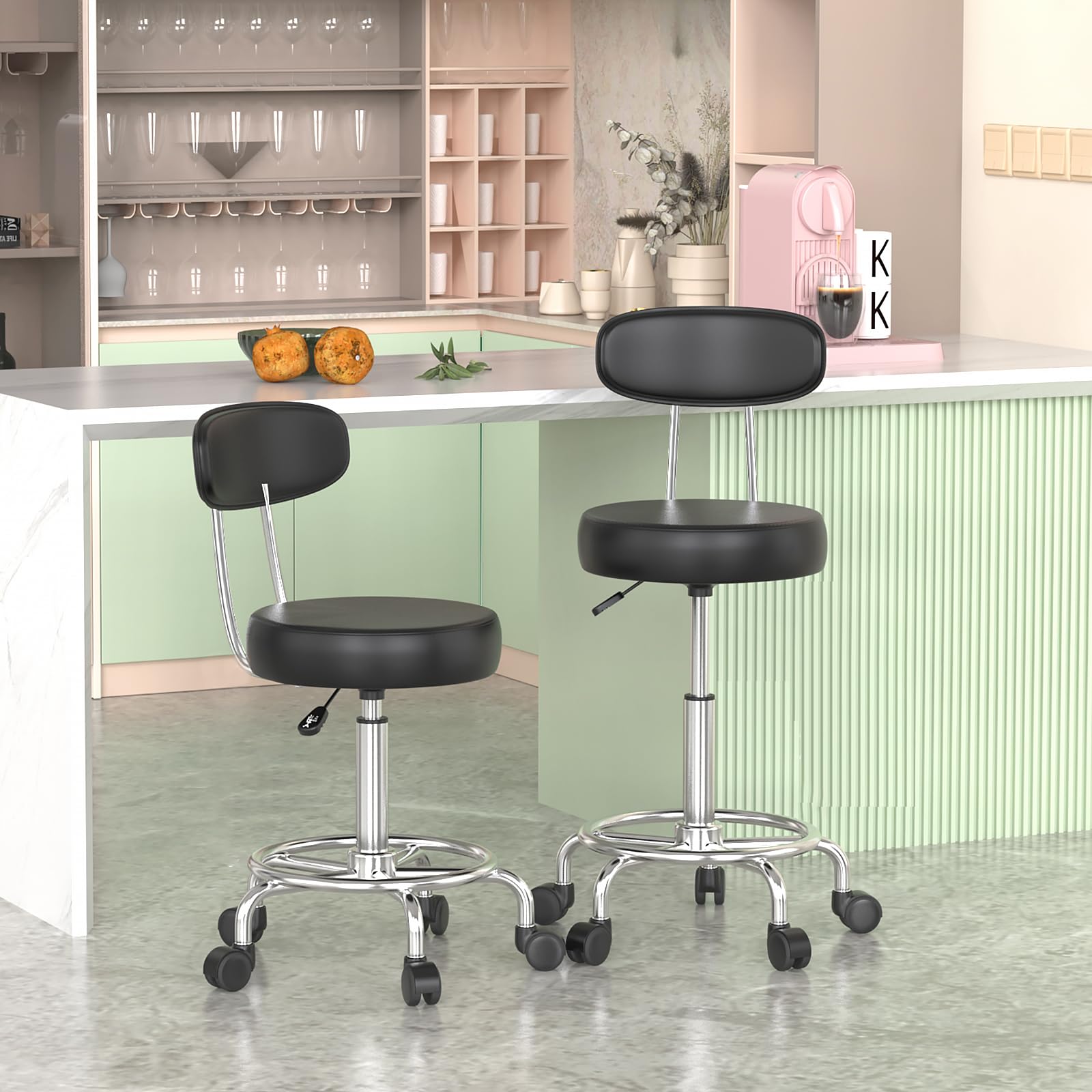 Juego de 2 taburetes con ruedas - Grueso acolchado y respaldo, altura ajustable 49-64 cm - Silla de esteticista, maquillaje y oficina para cocina, restaurantes