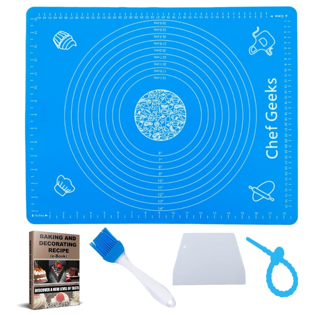 Chef Geeks 2in1 XL Non-Stick Silicone Baking Mat Sheet Dough Rolling +Pastry Brush +Dough Scraper Cutter +Wrapping Tie