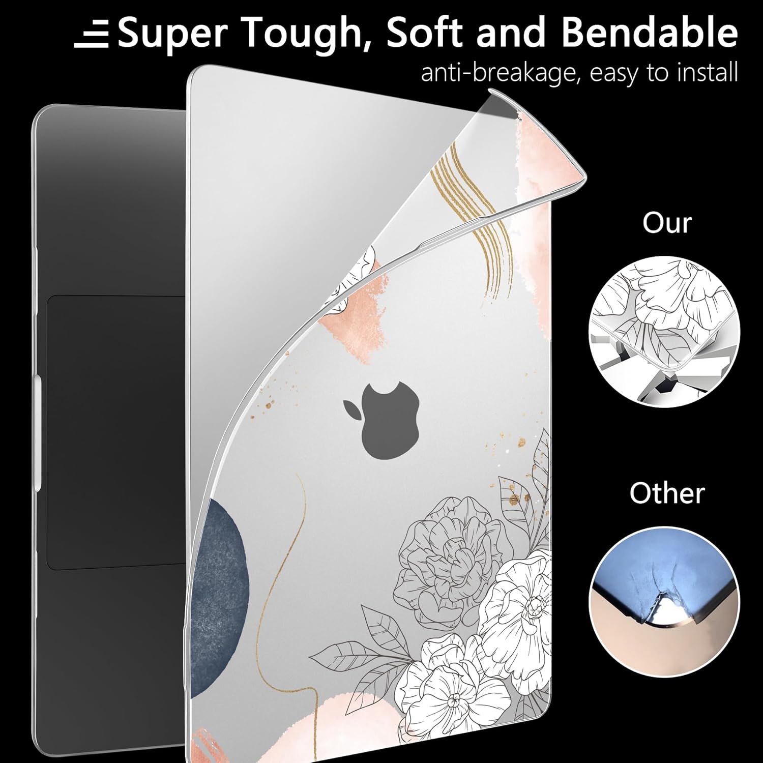 Case for M3 MacBook Pro 16 inch 2023 2021 Release A2991/A2485 A2780 M2 M1 Pro/Max, Hard Shell Case with Keyboard Cover & Screen Film & OTG Adapter & 2 Webcam Covers, Flower Elements