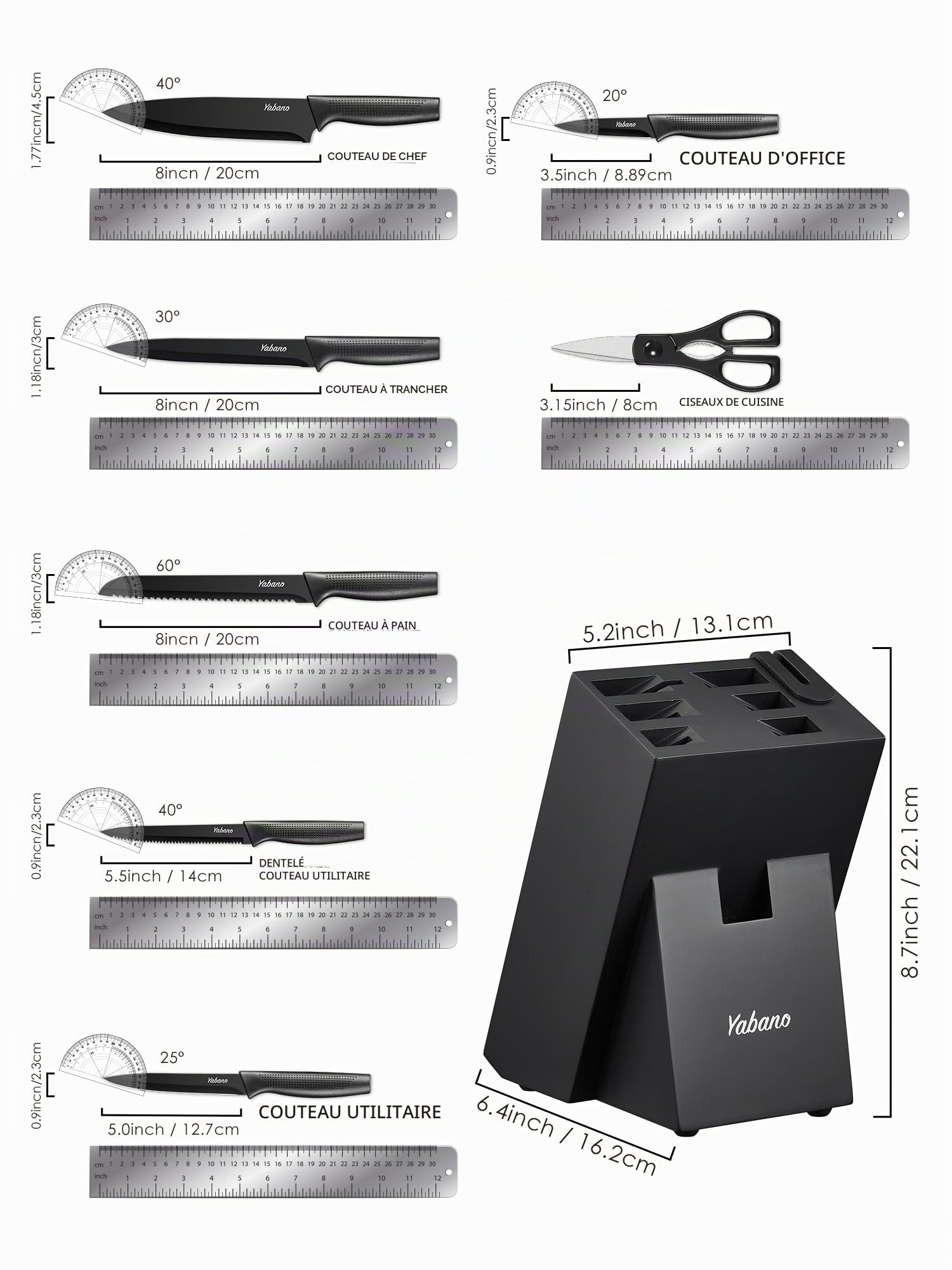 Yabano Kitchen Knives, Set of 8 Stainless Steel Knife Block with Built-in Sharpener, Sharp Black Knives with Block, Rustproof & Dishwasher Safe, Ergonomic Handle