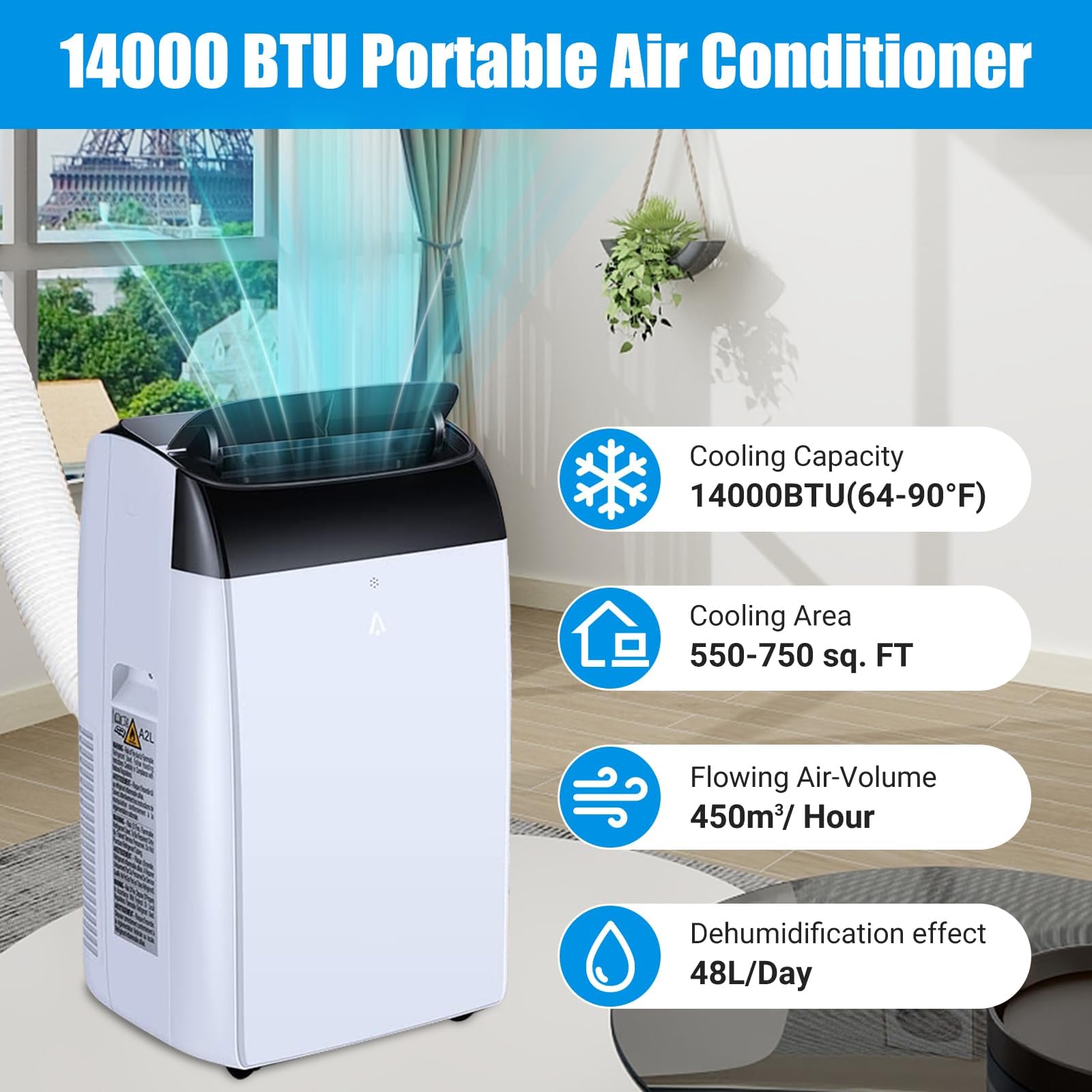 Aire Acondicionado portátil de 14.000 BTU, con Modos de refrigeración, deshumidificación y Ventilador, con Temporizador y Control Remoto, para Habitaciones de hasta 750 pies Cuadrados.