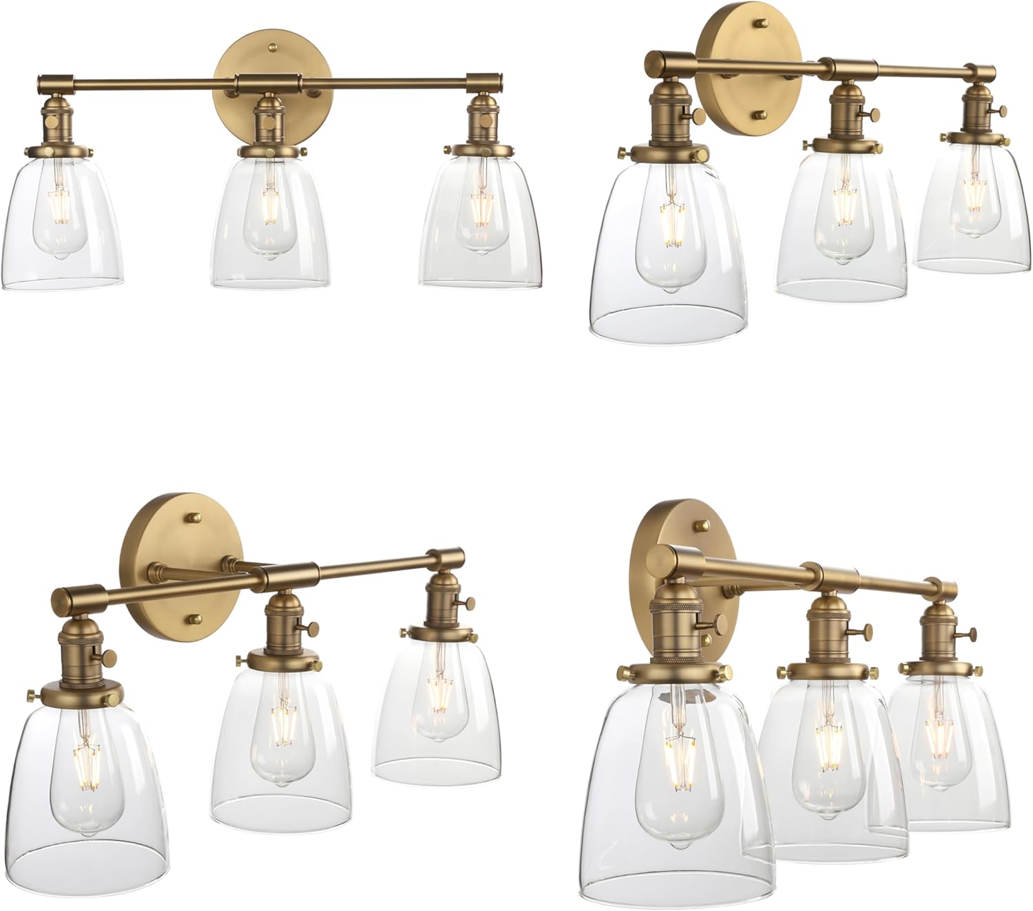 Phansthy 3-Light Wall Sconces Antique Brass Vanity Light, Industrial Wall Lamps with On Off Switch and Clear Glass Lampshade, Vintage Wall Lighting for Bathroom Living Room (Antique, Bell Shade)