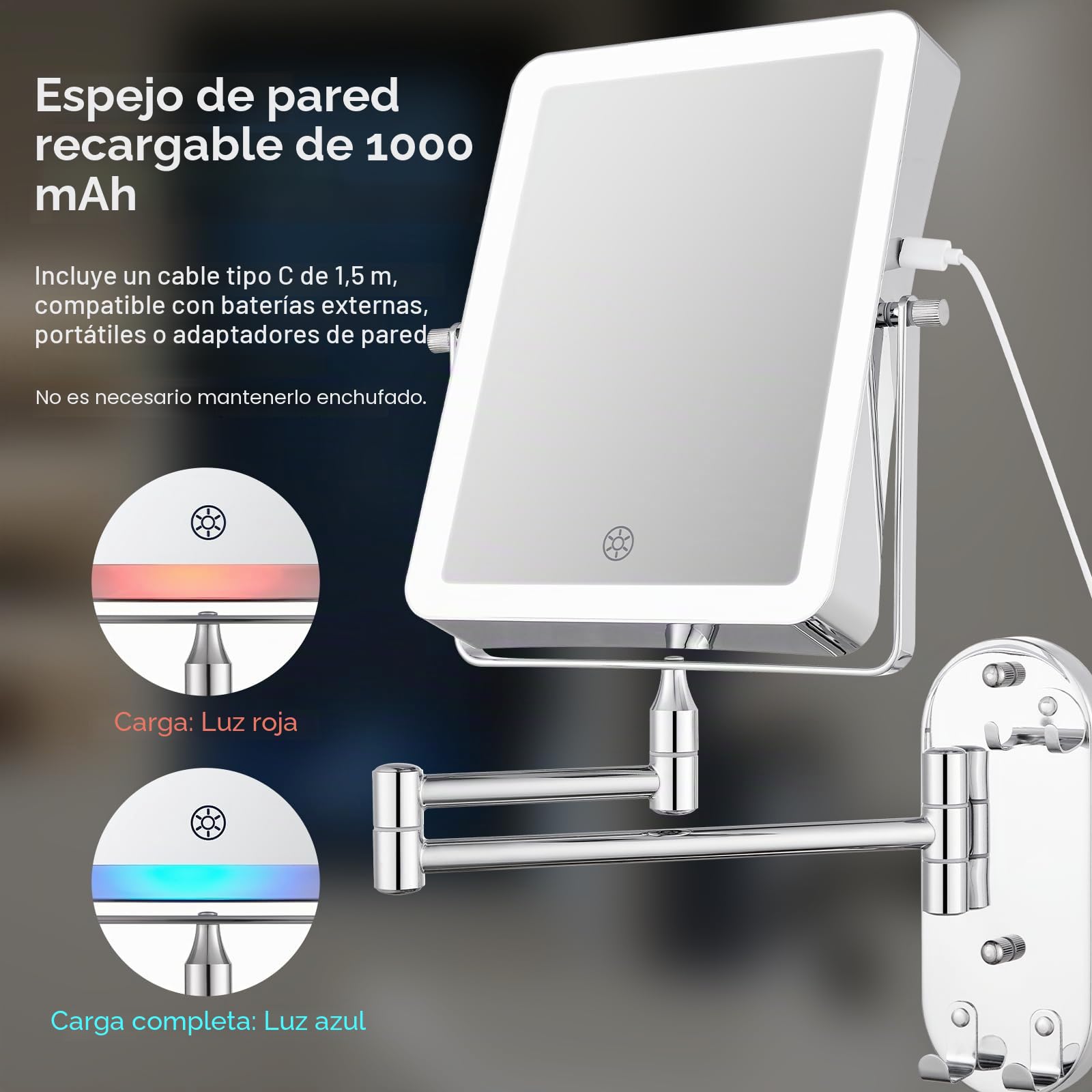 Espejo de Maquillaje con Luz LED Recargable, Espejo de Baño con 3 Colores de Iluminación, Aumento 7X y Brazo Extensible, Giratorio 360°, Espejo de Pared con Atenuación Progresiva y Gancho Integrado