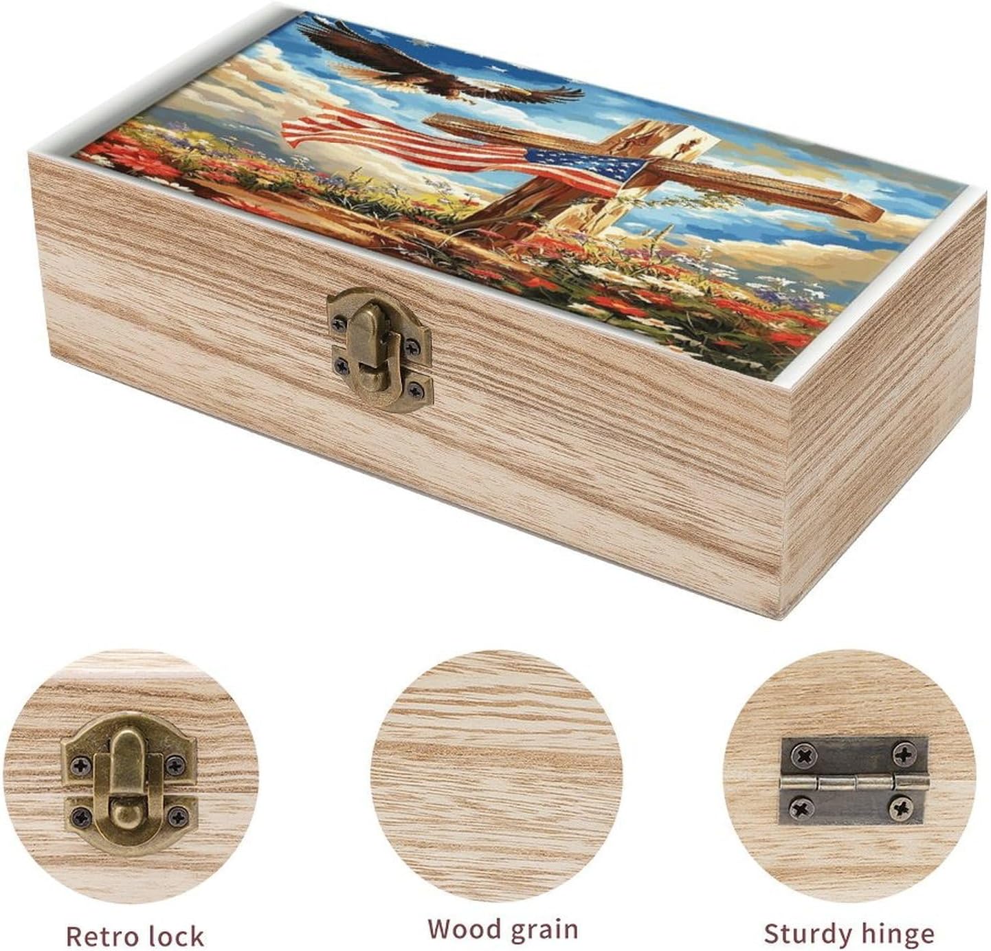 Cross And Eagle Vintage Wooden Storage Box with Hinged Lid Natural Wood Keepsake Box for Jewelry, Crafts & Gifts Rustic Memory Box Organizer for Home Decor, Rings, Trinkets image 3
