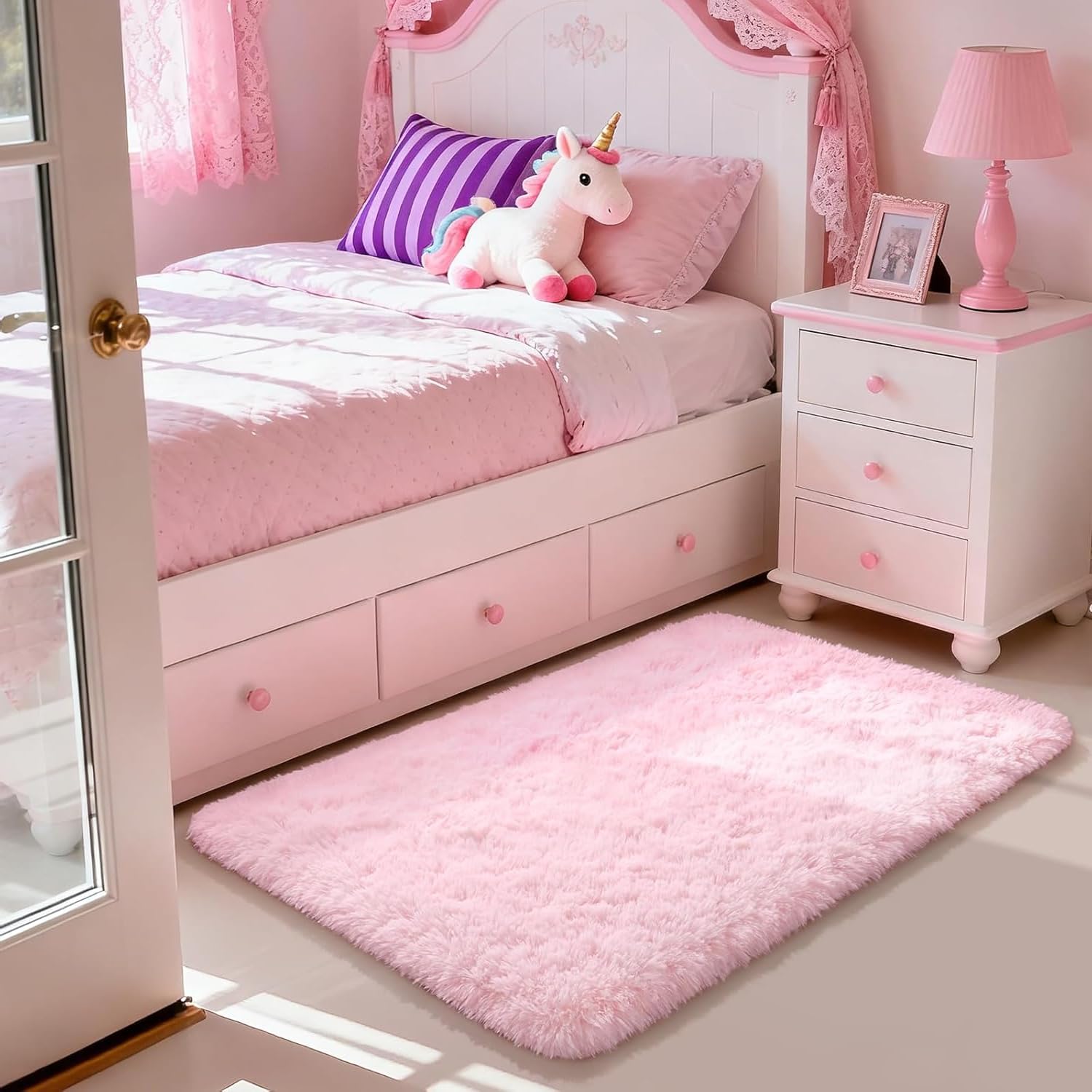 Yorkshire Bedding Rugs Living Room 60x110 cm Fluffy Shaggy Pink Area Rugs for Bedroom 450 GSM Non-Slip Super Soft Bedside Rug Non-Shedding with 1.4 Inches Pile Height for Carpets Lounge Kids Room