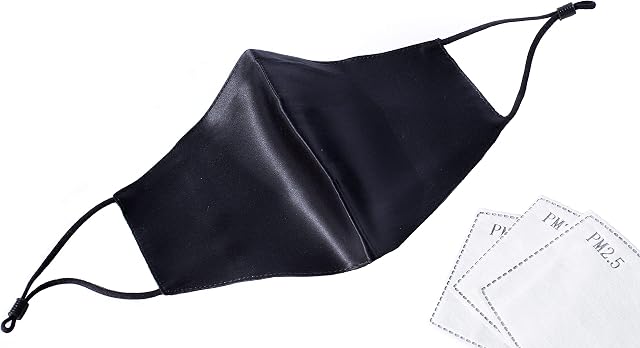 HABAC STUDIO - 100% Mulberry Silk Face Mask Face Masks Washable UK Reusable Face Mask, Black Mens Silk Mask Silk Face Covering for Women 4 Layers Pocket Filter 3x FREE PM 2.5 Filters