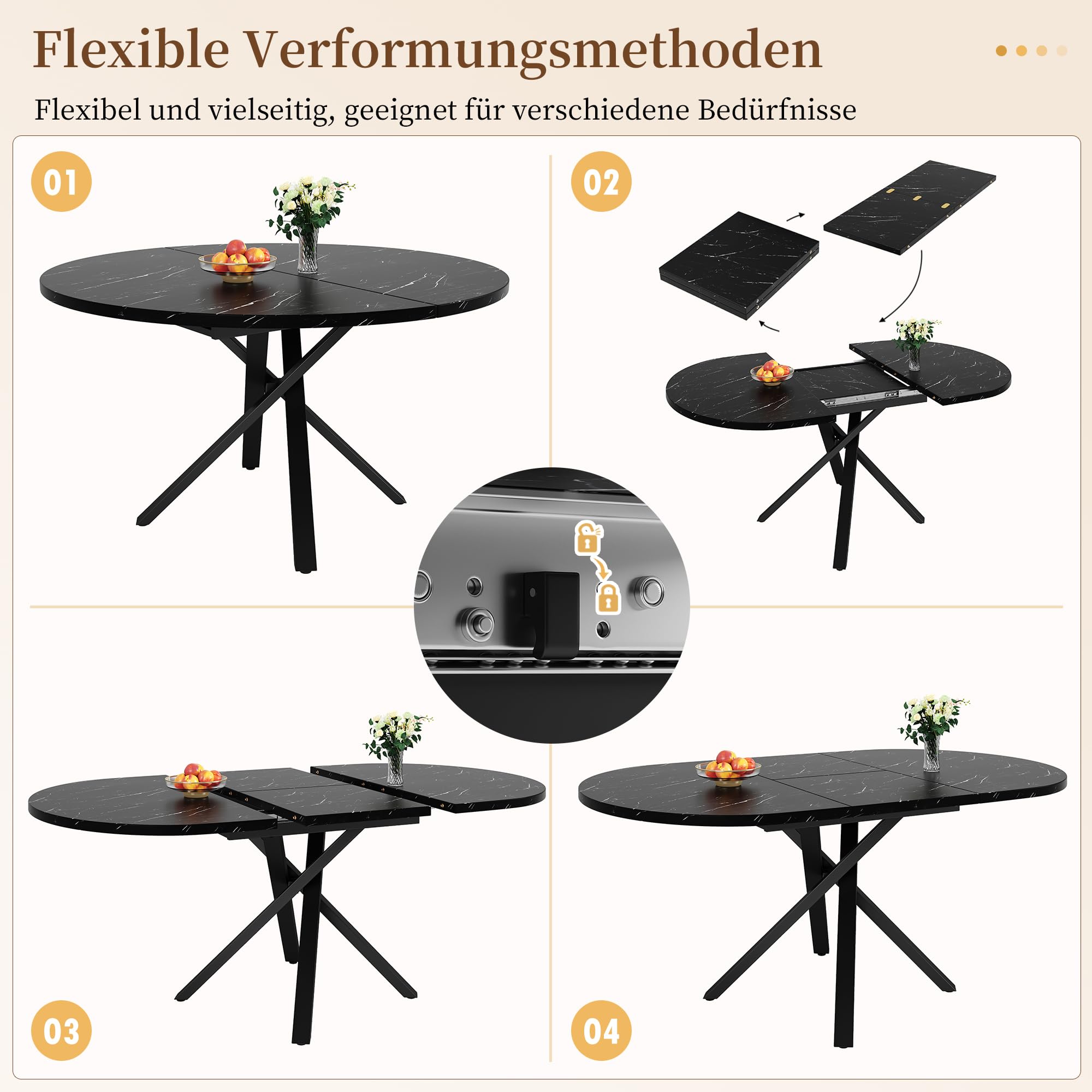 Tavolo da pranzo rotondo allungabile 100/140×100×75,5 cm, tavolo da pranzo - piano in legno effetto marmo, tavolo da cucina per 4-6 persone, tavolo rotondo con gambe in ferro, tavolo allungabile per