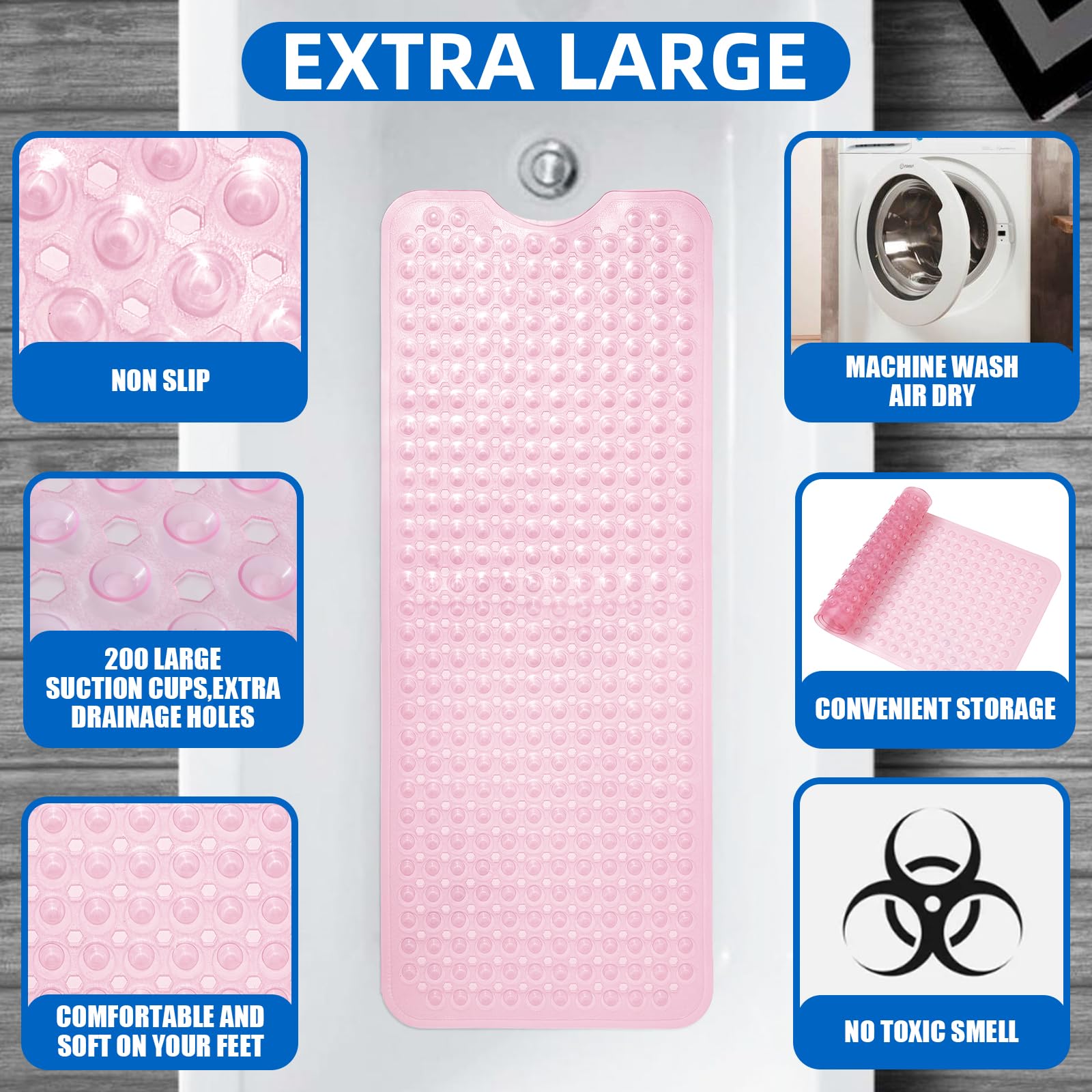 MOONFLY Tapete de ducha y bañera, 40 x 16 pulgadas, extra largo, antideslizante, con ventosas y agujeros de drenaje, lavable a máquina y antideslizante, tapetes de baño antideslizantes para bañera