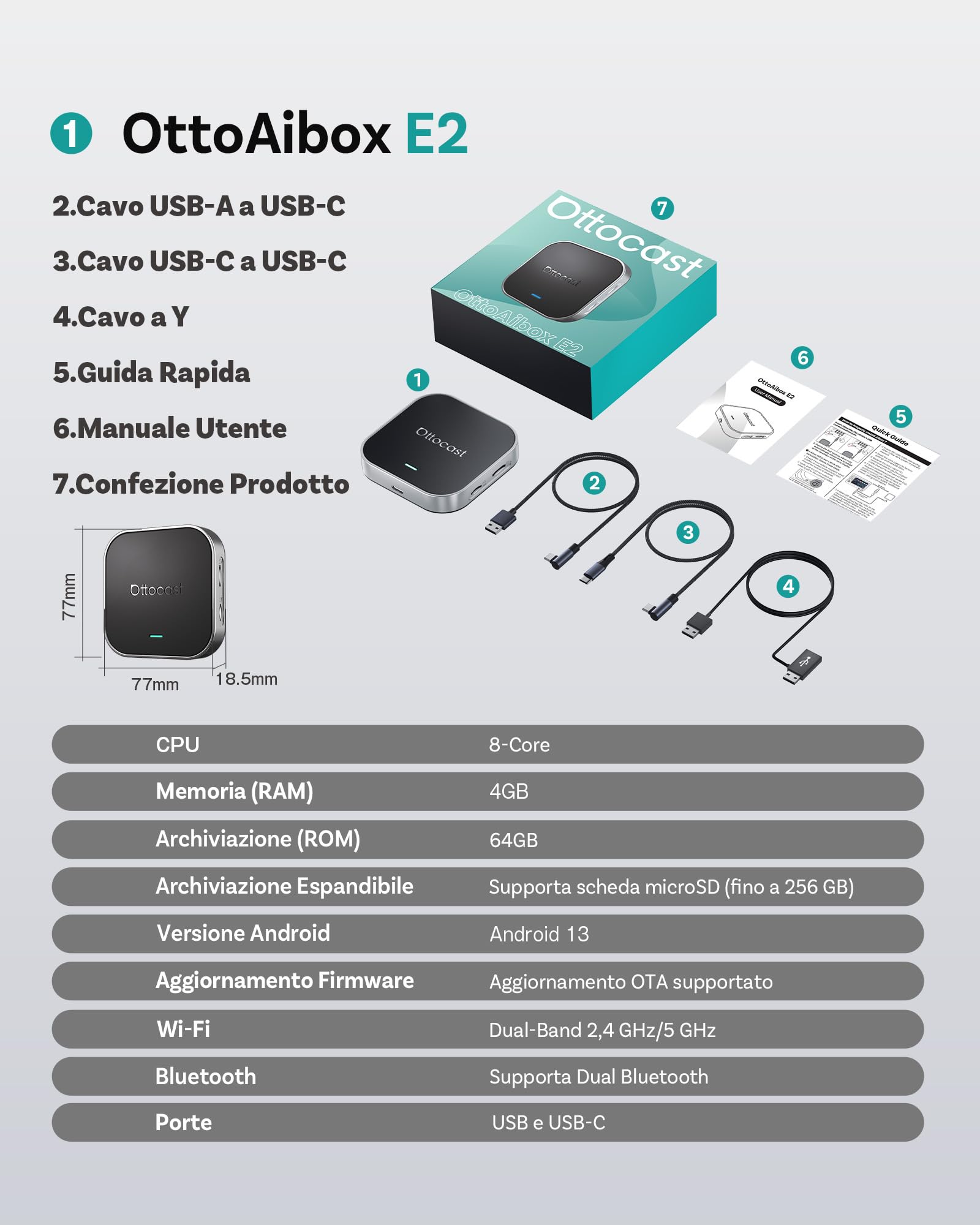 OTTOCAST OttoAibox E2 2026 AI Box, 3-in-1 CarPlay e Android Auto Wireless Android 13 Streaming Box, Adattatore CarPlay Wireless Dual WiFi, Schermo Diviso, Bluetooth 5.0, Aggiornamento FOTA