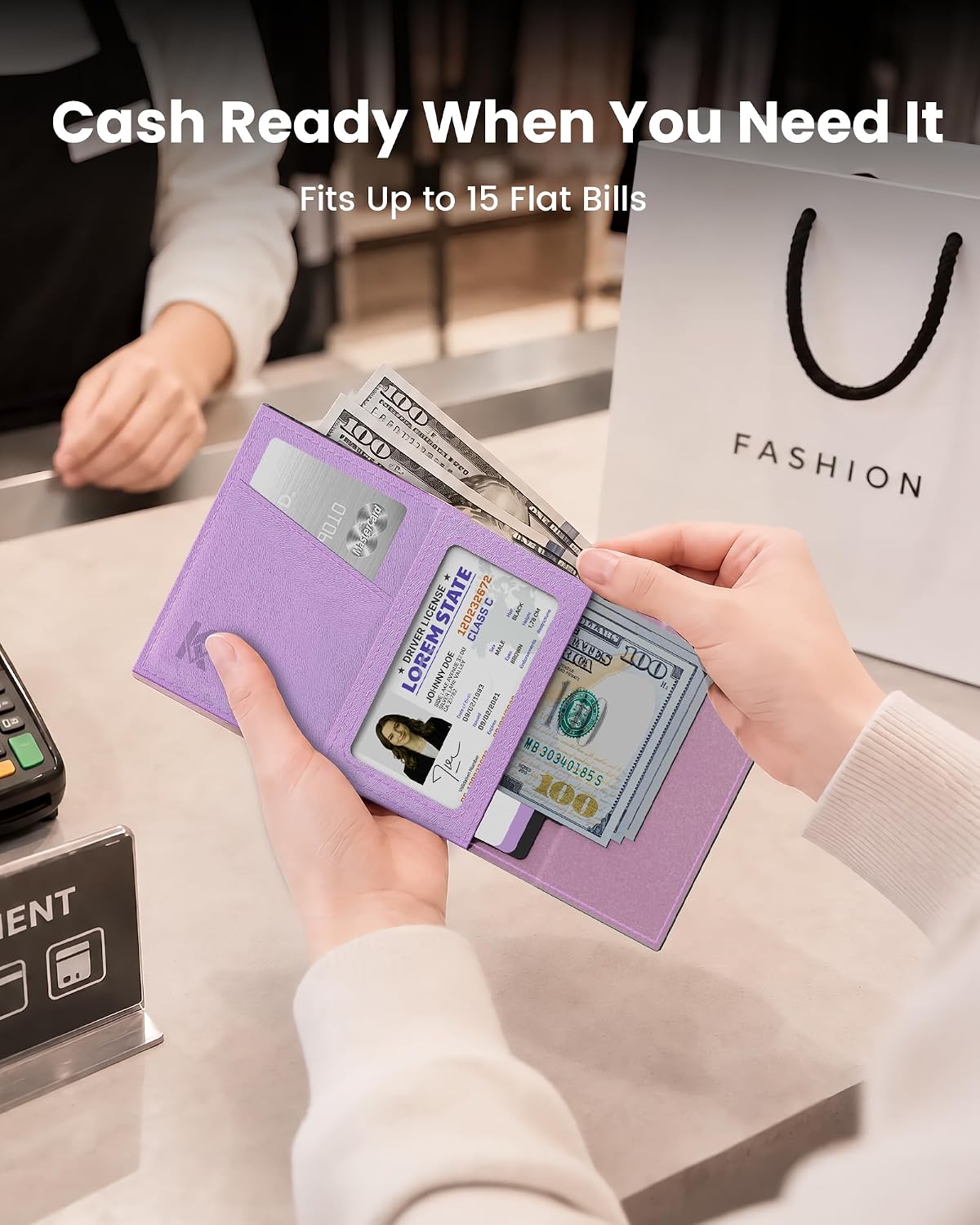 Small Wallet for Women: Slim Pop-Up Card Holder with RFID Blocking, ID Window and Cash Slot for Small Bags, Lavender Purple