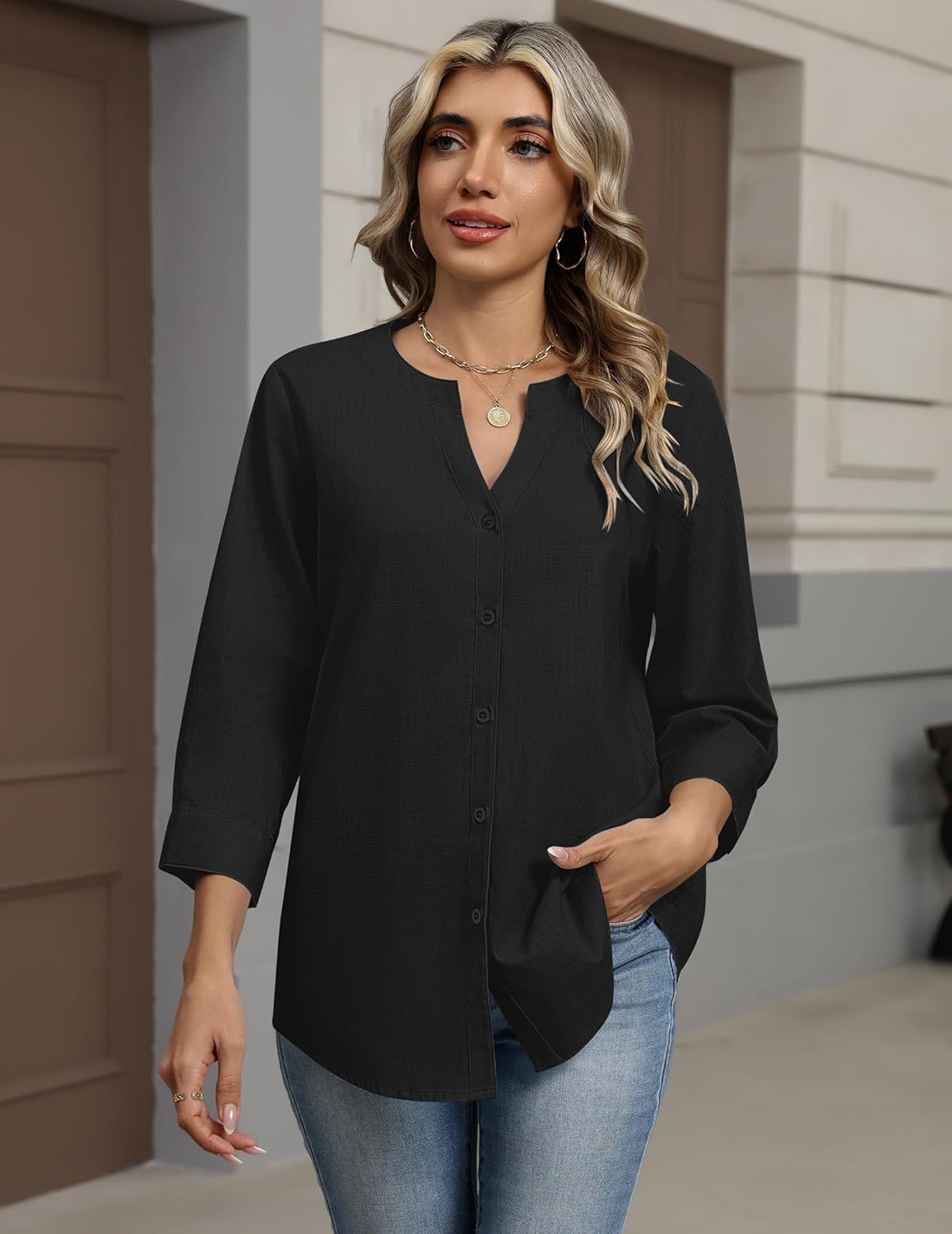 Zeagoo Button Down Shirts for Women 3/4 Sleeve Linen Cotton V Neck Tops Dressy Casual Loose Work Blouses - Image 3