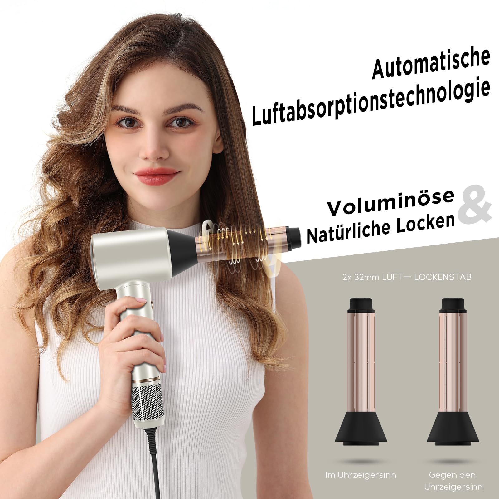 PARWIN PRO BEAUTY Air-Sonic Föhn, HD-LED Anzeige Fön, Haartrockner mit 110,000RPM Bürstenlosem Geräuscharm Motor, 2x 32mm Auto Wrap-Curler, 25M/S Luftstrom für Schnelle Trocknung （Champagne Silver）