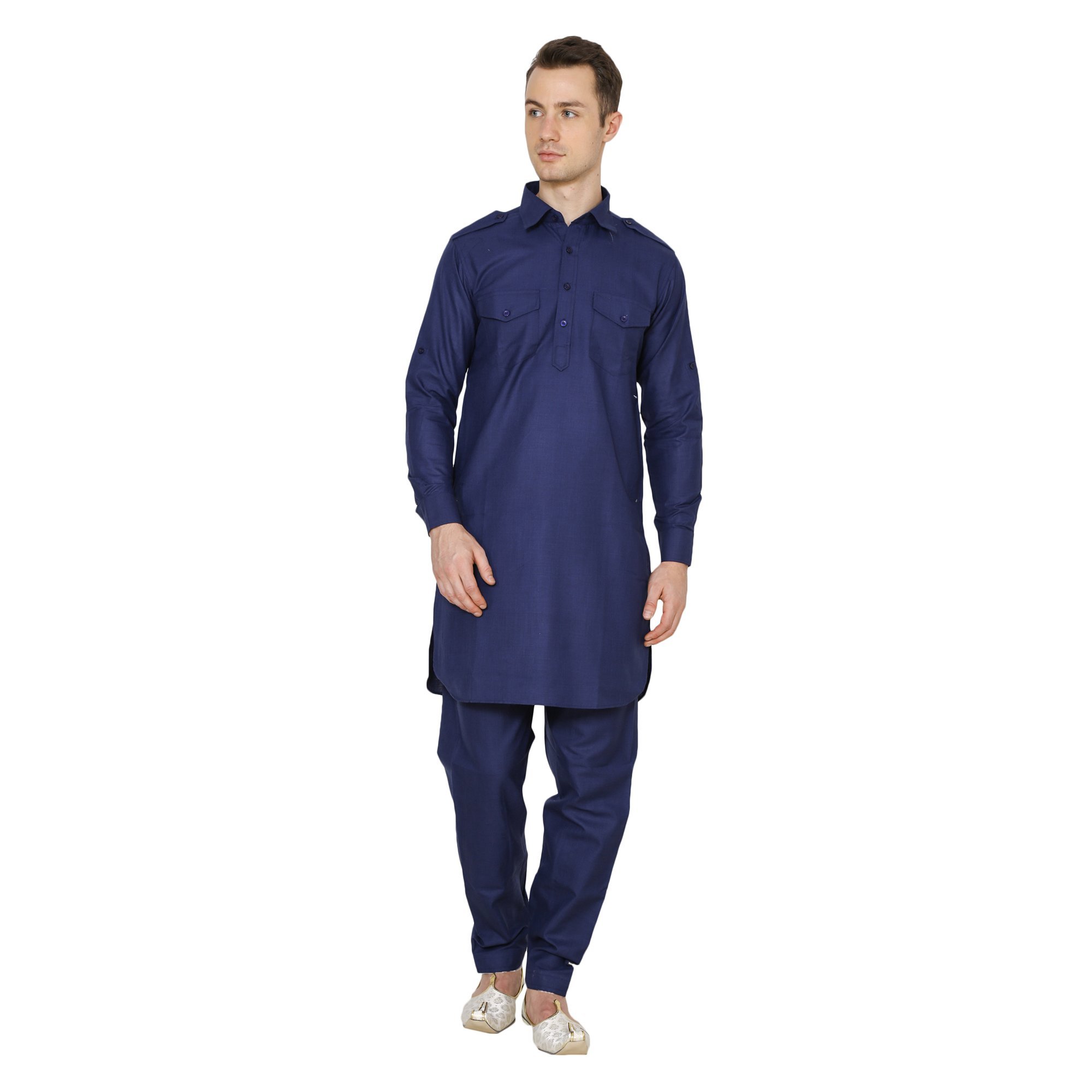 Royal Kurta Men's Cotton Linen Pathani Kurta And Salwar Set (42, Navy-1)