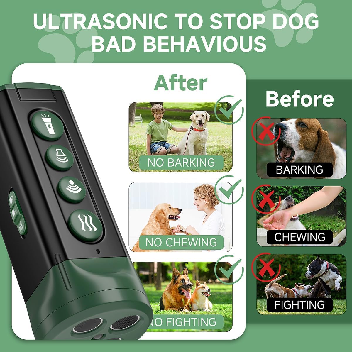 BOKKY 6-in-1 Anti Barking Device for Dogs with 3X Sonic Emitters Convertible Waterproof Dog Bark Deterrent of 4 Ultrasonic Heads Up to 32FT Long - Safe for Dogs Training - Indoor & Outdoor