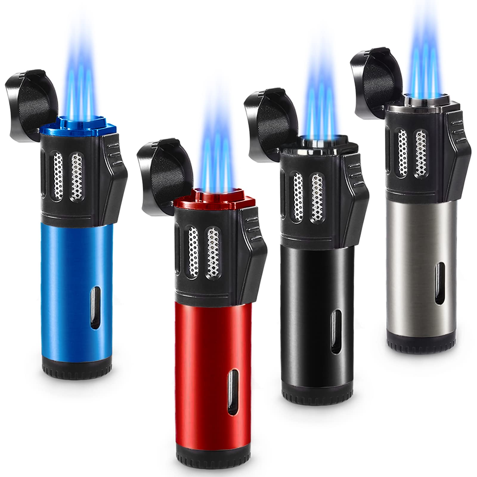 Urgrette 4 Pack Torch Lighter Triple 3 Jet Flame Refillable Butane Lighters Windproof Adjustable Portable Lighter (Butane Not Included)