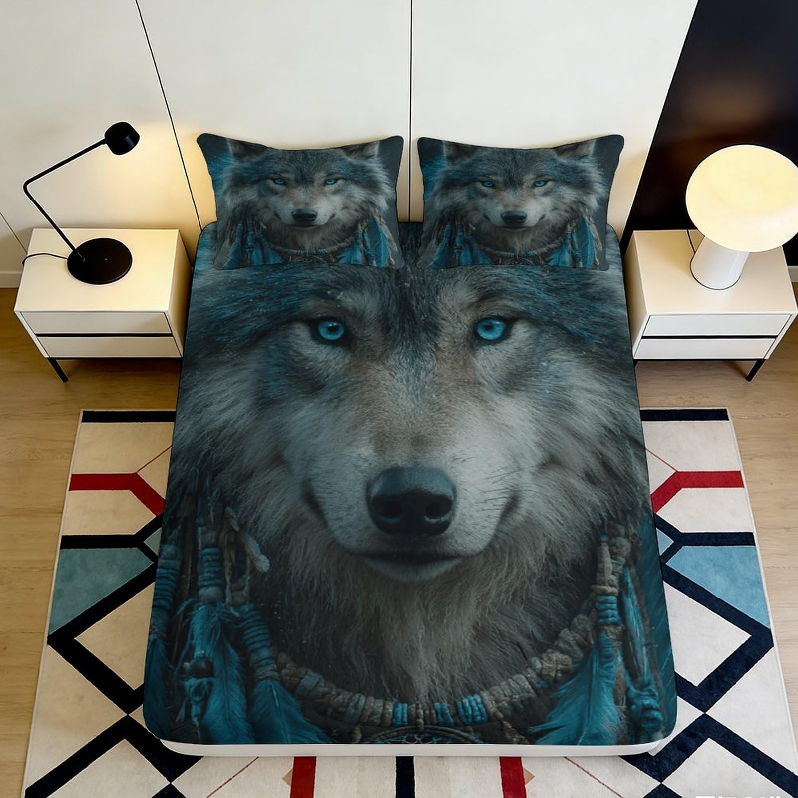 3D Printed Wolf Pattern Fitted Sheet Microfiber Deep Pocket Bedroom Bedding Wolf Mattress Fitted Cover for Adults Teens 200x200x25cm 90x200x25cm