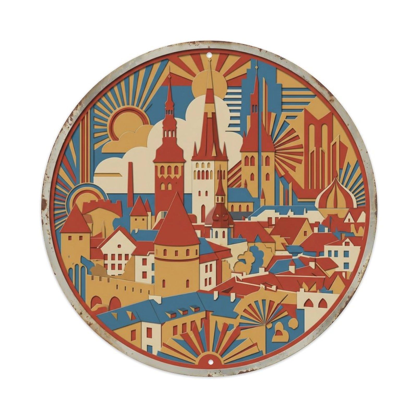 Tallinn Layered Oldtown Travel Metal Tin Sign Plaque Wall Decor for Cafe, Club Bar, Office, Home Garden Round Metal Poster 8x8Inch