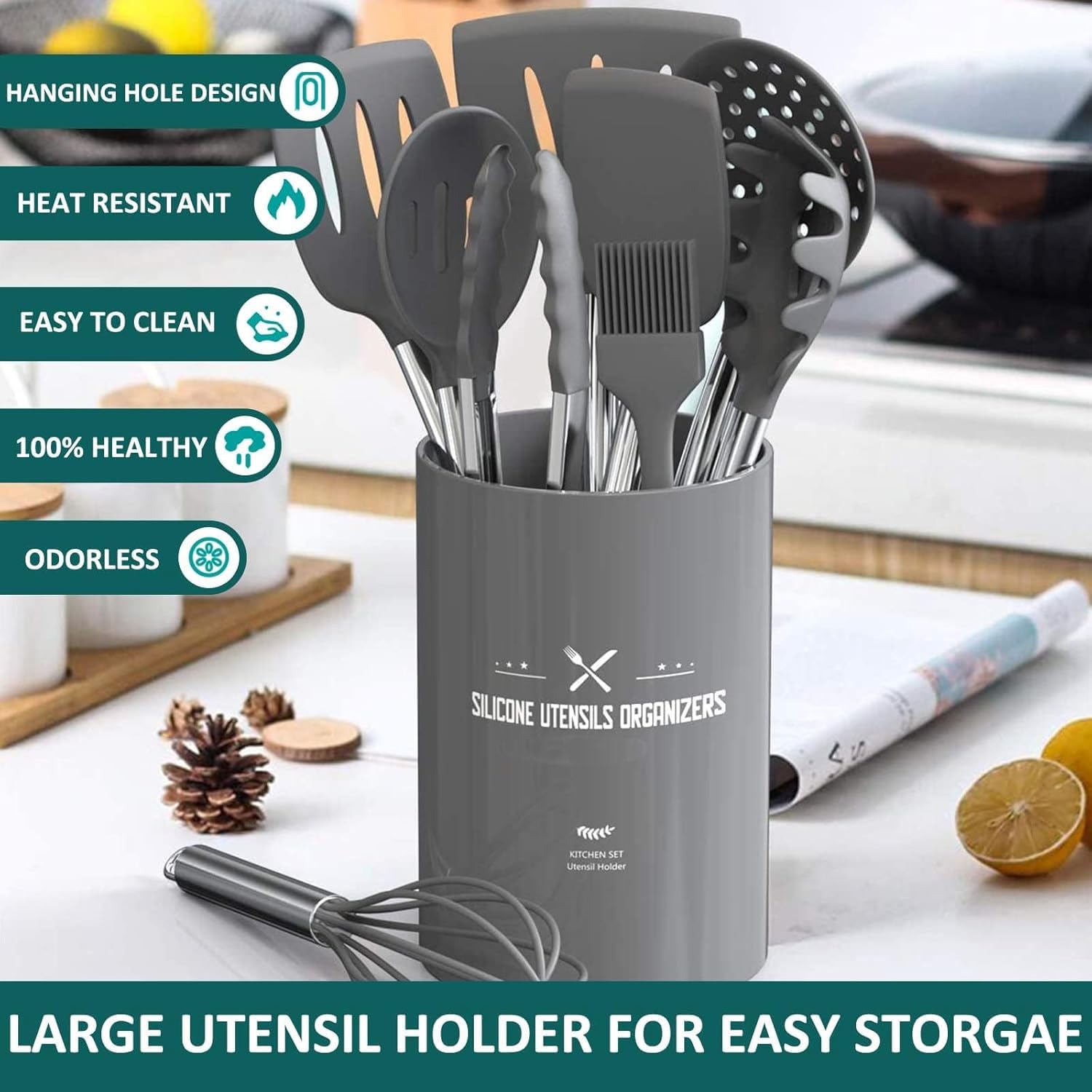 Set di utensili da cucina, 15 pezzi, in silicone, antiaderenti, resistenti al calore, pentole con porta utensili, manico in acciaio inox, lavabile in lavastoviglie (grigio)
