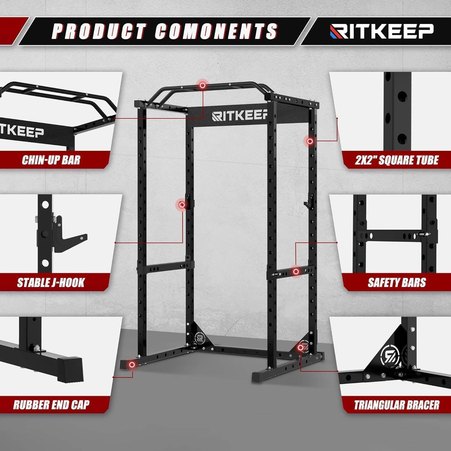 RitKeep Power Cage Power Rack RMAX-2250 Home Gym Weightlifting Squat Rack, 1200LB Capacity Multi-Functional Strength Training Cage with Pull-Up Bar, J-Hooks & Safety Bars