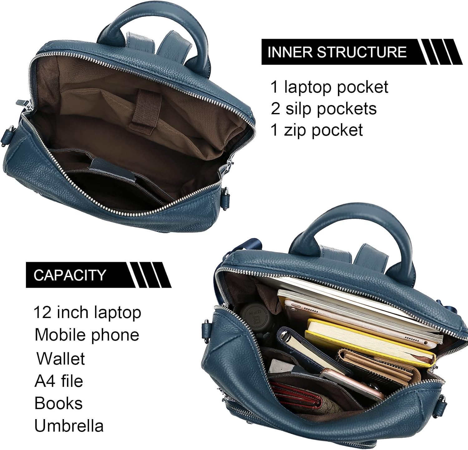 ALTOSY Genuine Leather Backpack Purse for Women Large Shoulder Bag With Laptop Compartment Multiple Pockets(S106 Indigo Blue) - Image 6