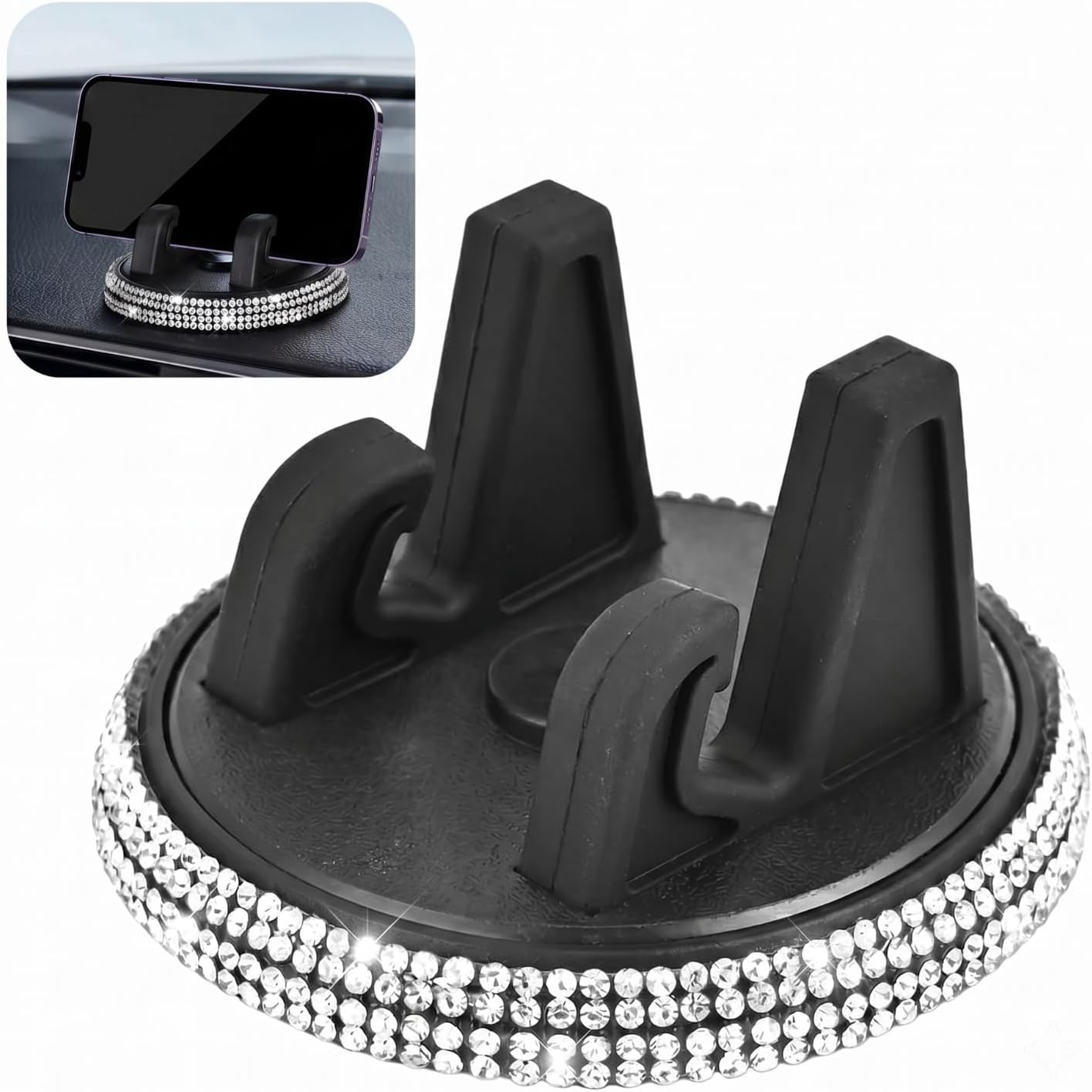 Bling Car Phone Holder, Rhinestones 360°Adjustable Vehicle Center Console Dashboard Navigation Phone Mount, Auto Phones Support Bracket, Universal for Most Smartphones in Car (Silver)