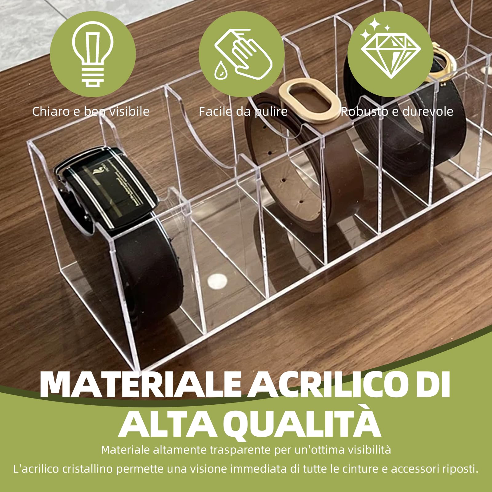Scatola di immagazzinaggio cintura acrilica a 7 scomparti, stile cassetto cravatta e cintura portaoggetti