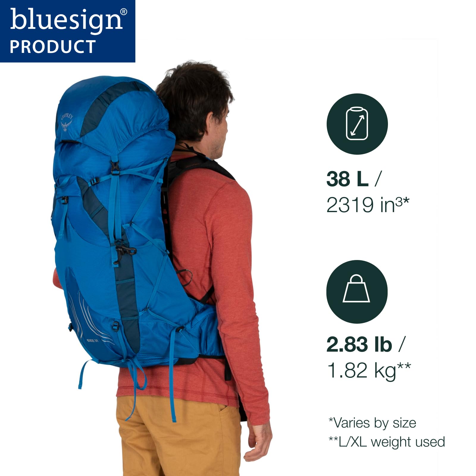 Osprey Exos 38L Men's Ultralight Backpacking Backpack, Dark Charcoal, L/XL