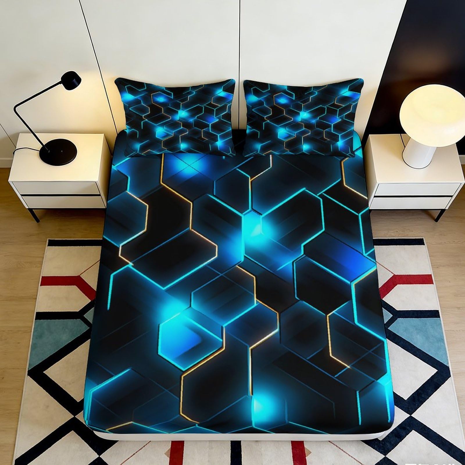 3D Printed Blue Hexagon Fitted Sheet Microfiber Modern Geometric Neon Mattress Cover for Bedroom Dorm Mattress Protection Decor 90x200x25cm