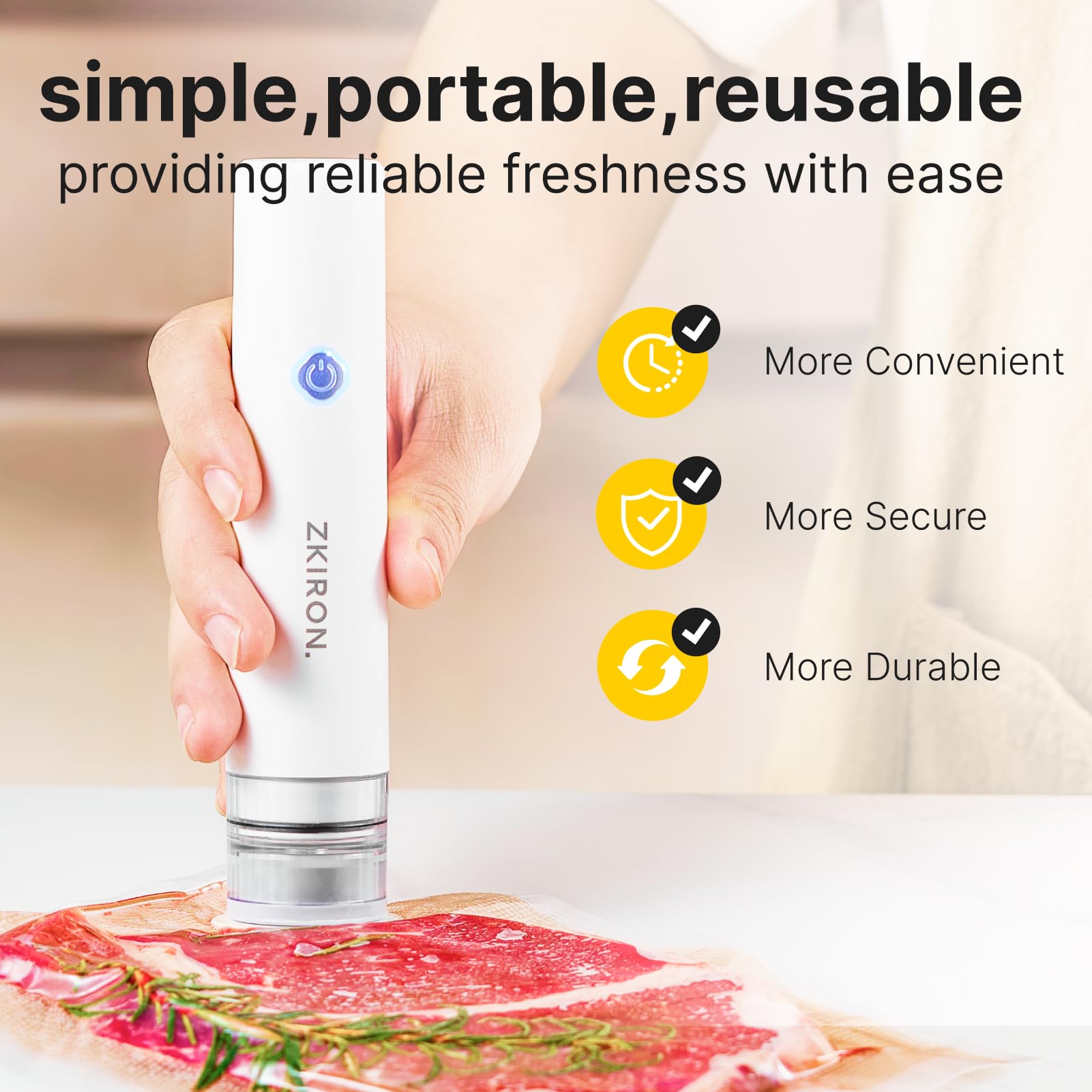 ZKIRON Sigillatrice sottovuoto portatile portatile, ricaricabile, con 25 sacchetti aggiornati, design compatto, potente aspirazione per la preparazione dei pasti, per la conservazione di cibo e cucina
