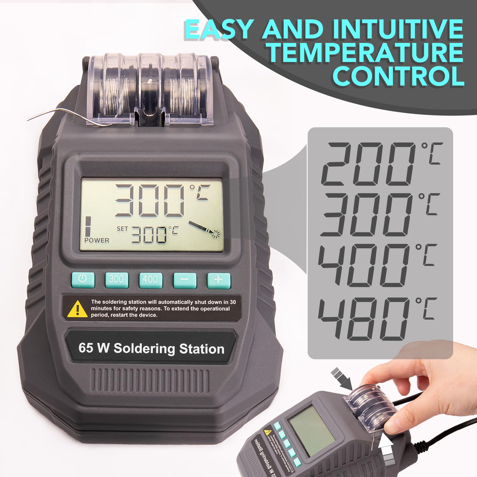 Bluemars Display LCD 65W Digital Saldatore Stazione, 200℃-480℃ Temperatura Regolabile, Extra 5 Punte di Saldatura, Mani Aiutanti, 2X 5g Filo di Saldatura, Supporto Saldatore, Auto Sleep