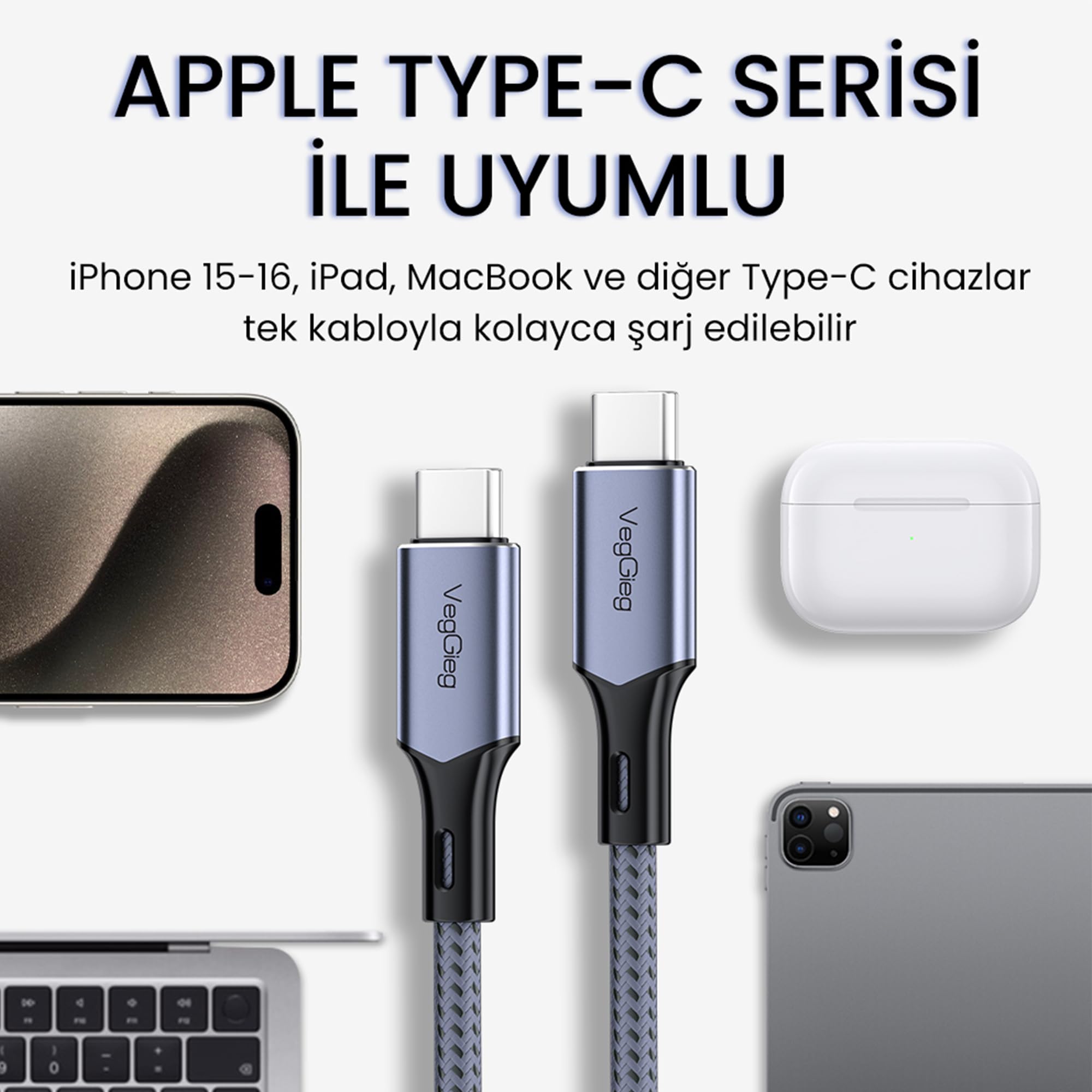 Veggieg 100W 5A E-Mark Çipli PD Type-C to Type-C Hızlı Şarj ve Data Kablosu 1.2 Metre