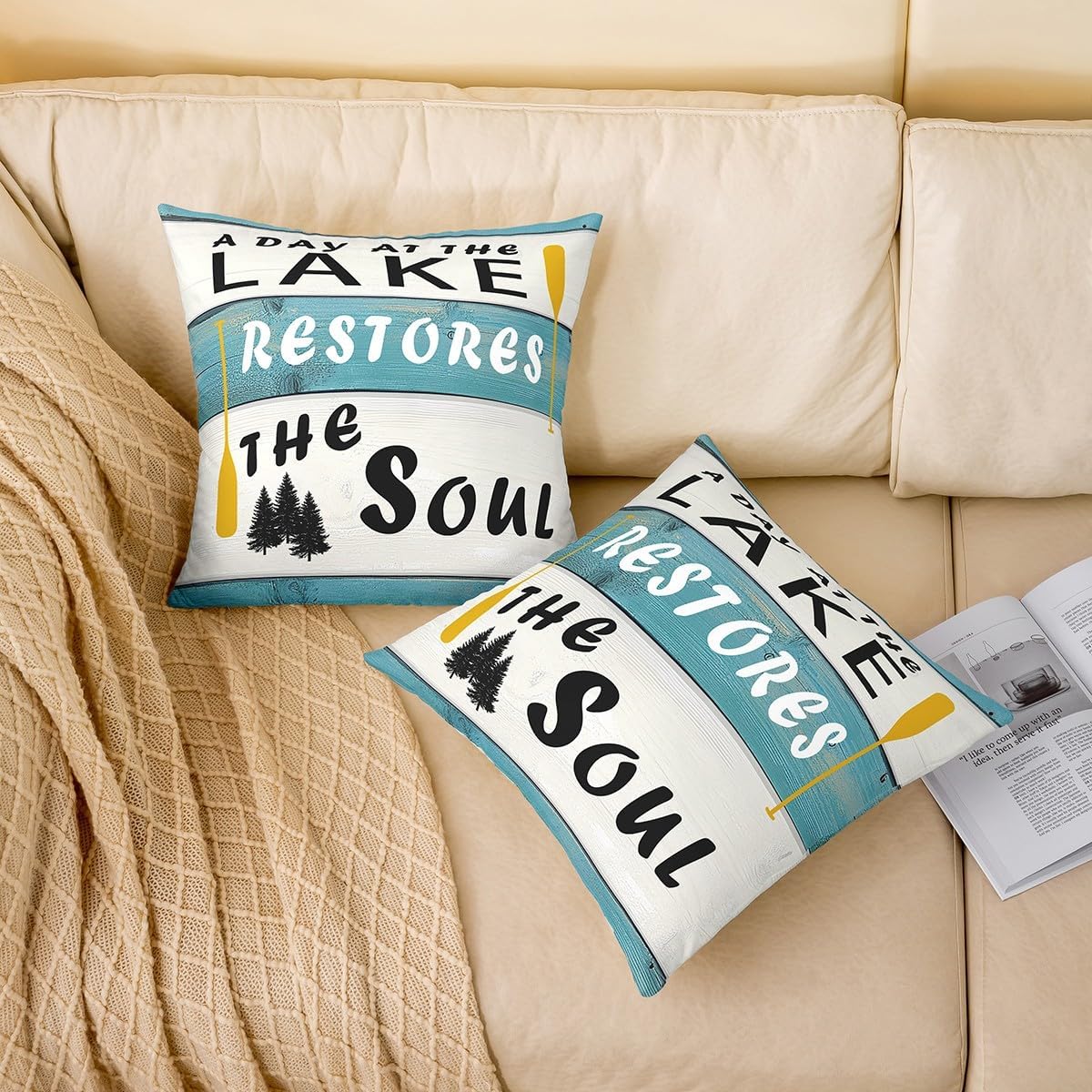 Pack of 2 Welcome to The Lake Decorative Throw Pillow Covers, Soft Lake Rules Square Cushion Case Set for Couch Sofa Bedroom Living Room,Lake House Decor Blue Pillow Cases Pillowcases, 24x24 Inches