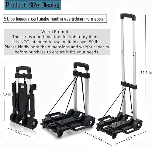 Miniatura 2 de Carrito de equipaje plegable con placa base expandible, 2 ruedas de aleación de aluminio, carrito de mano plegable, carrito ligero para mudanzas,