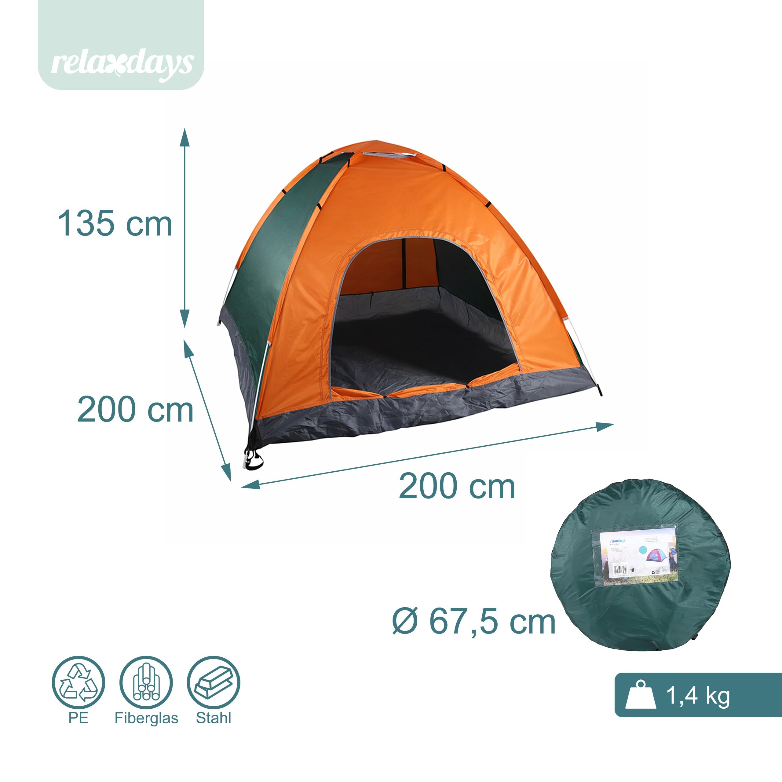 Relaxdays Pop Up Zelt Strand, Wurfzelt, 2-3 Personen, kleines Packmaß, UV Schutz 50+, HBT 135 x 200 x 200cm, orange/grün
