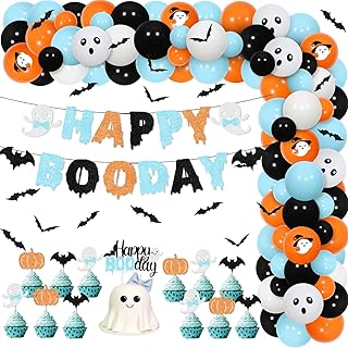 kreat4joy Blue Halloween Birthday Decorations Boy, Happy Boo Day Party Decorations, Blue Orange Black Balloon Garland Kit Bat Ghost Foil Balloon Cake Cupcake Toppers Bat Halloween Stickers