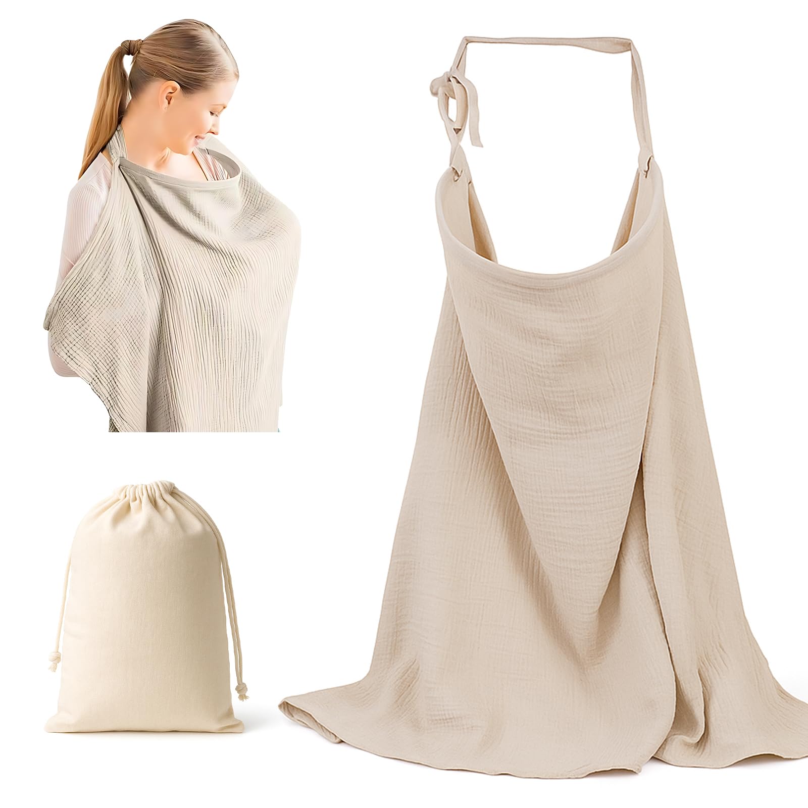kelav Stilltuch für Unterwegs mit Baumwollbeutel, Stillschal mit Verstellbarem Halsband 75x95cm, Stillbezug aus Atmungsaktivem Musselin für Öffentliche Plätze (Khaki)