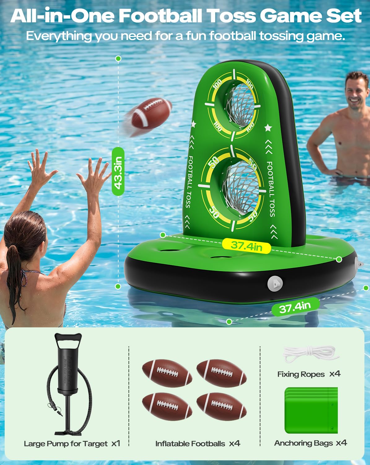 Juegos inflables de lanzamiento de fútbol para piscina, objetivo de fútbol acuático con 4 bolas y 2 bombas, base estable y diseño de doble red, juguetes de piscina al aire libre para niños y
