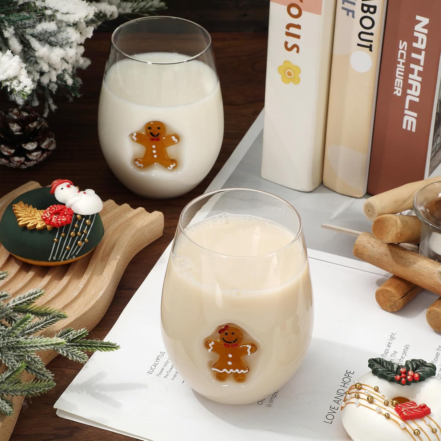 Whaline 17 Oz Christmas Wine Glass Set of 2 Gingerbread Man Icon Stemless Drinking Glass Cups for Winter Xmas Birthday New Years Gifts - Image 3