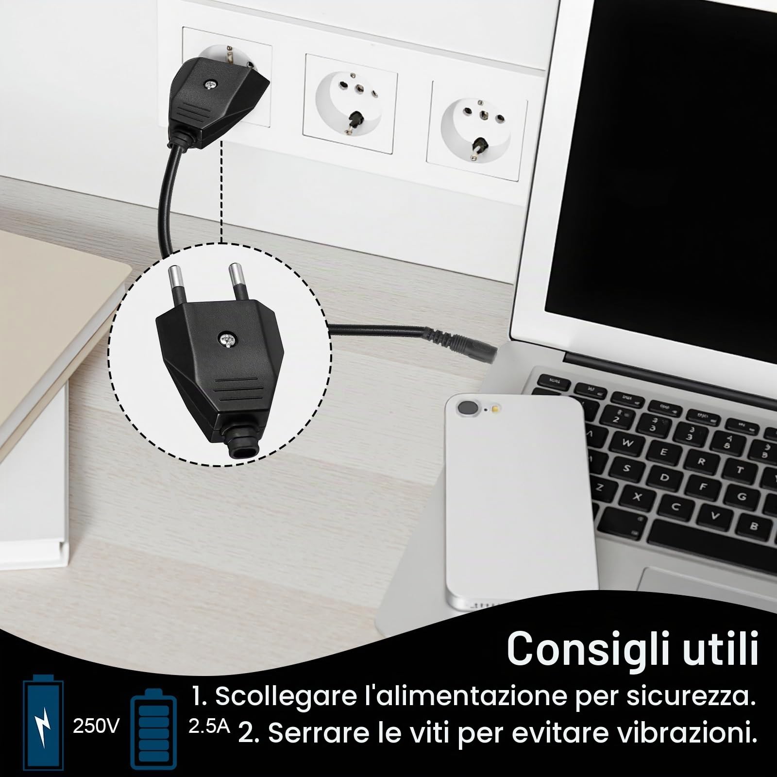 Starvortex 8 Pezzi Spine Europee Piatte, Spine Elettriche da 250V 2,5 A, Spine Piatta Salvaspazio con Cacciavite Incluso, Colore Nero. Adatte per Elettrodomestici e Uso in Viaggio