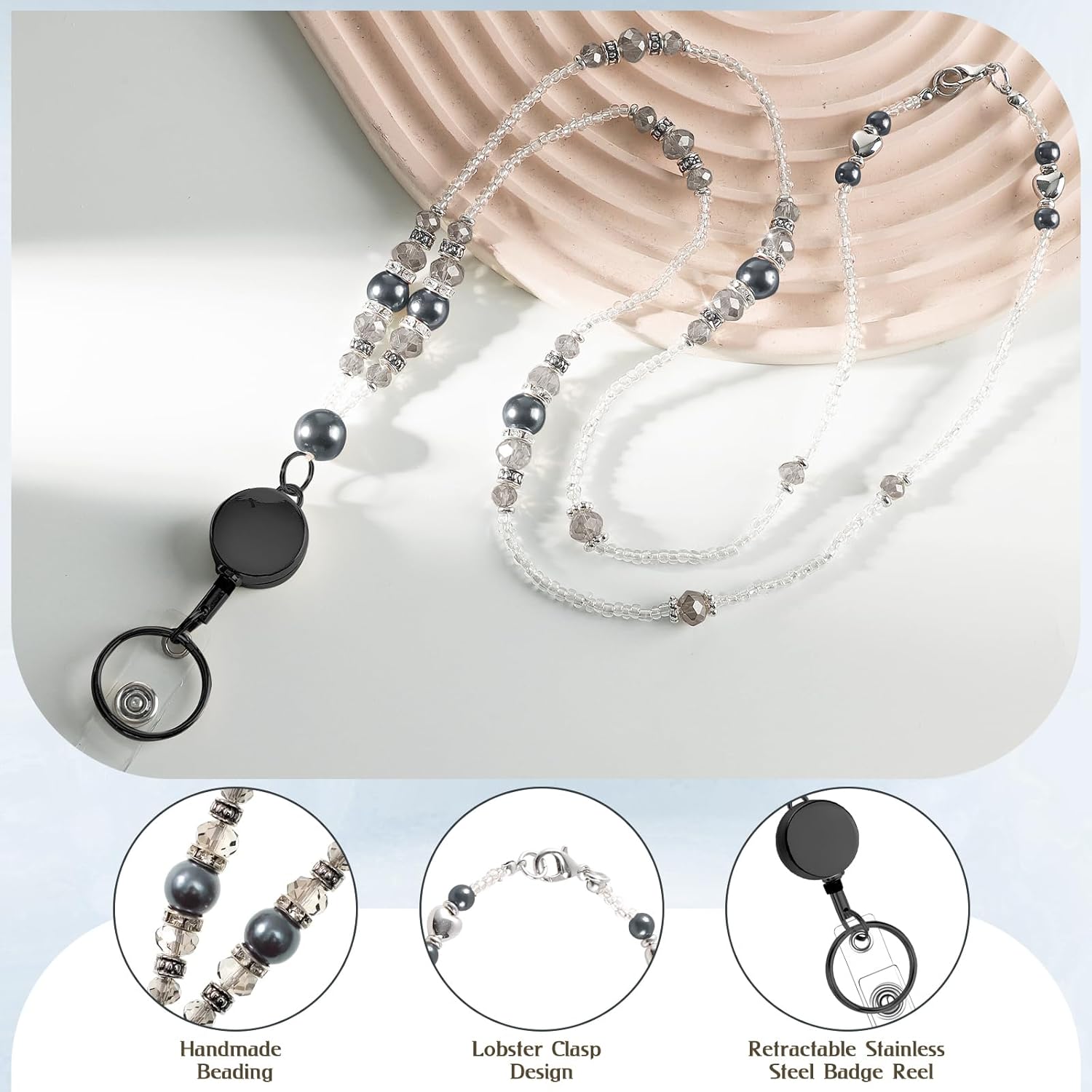 Teacher Lanyards for Id Badges and Keys, Beaded Badge Lanyard with Retractable Reel Pearl Necklace Cute Lanyards for Women (Black) - Image 4