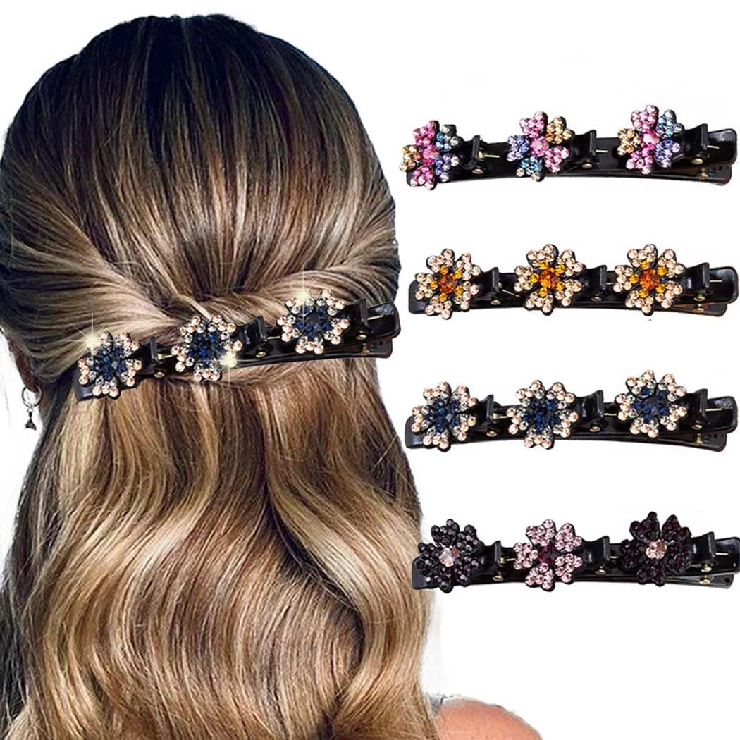Outyua Sparkling Crystal Stone Braided Hair Clips for Women Rhinestone Braided Duckbill Hairpin 4Pcs
