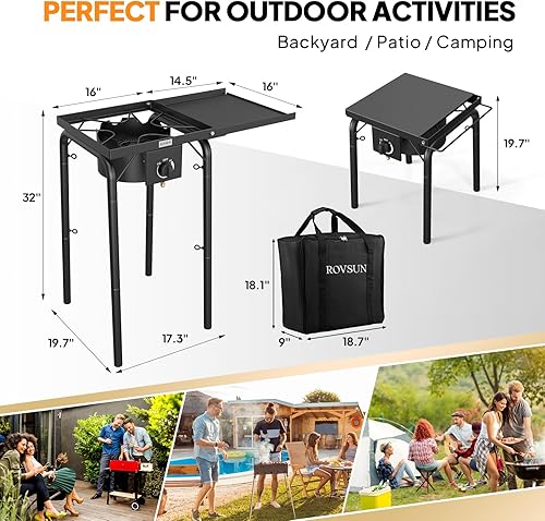 Miniatura 6 de ROVSUN Estufa de gas propano de un solo quemador con estante lateral y bolsa de transporte, estufa portátil de 100,000 BTU con patas extraíbles y