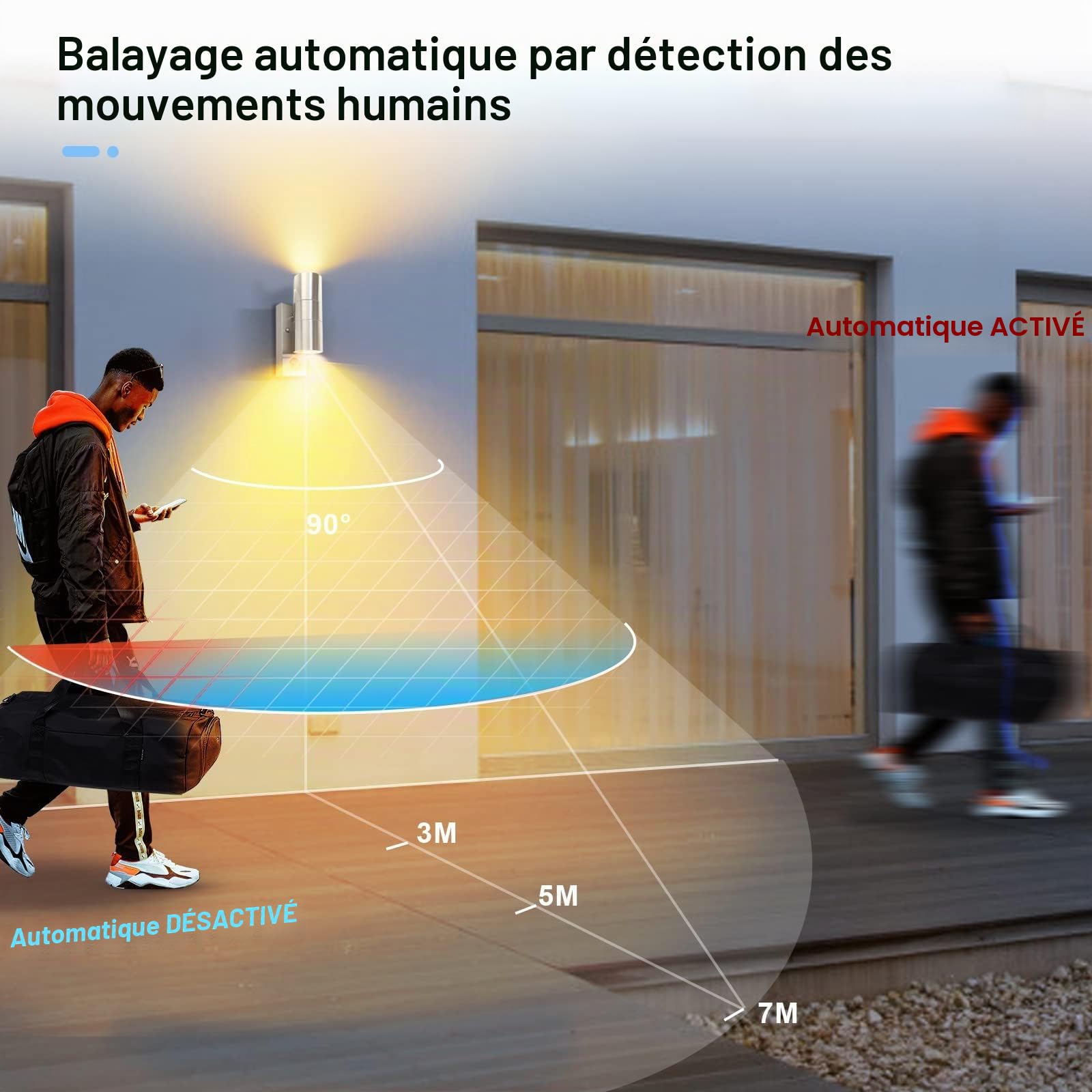 Applique murale d'extérieur avec détecteur de mouvement PIR LED IP44 en acier inoxydable avec 2 ampoules GU10 5 W Blanc chaud