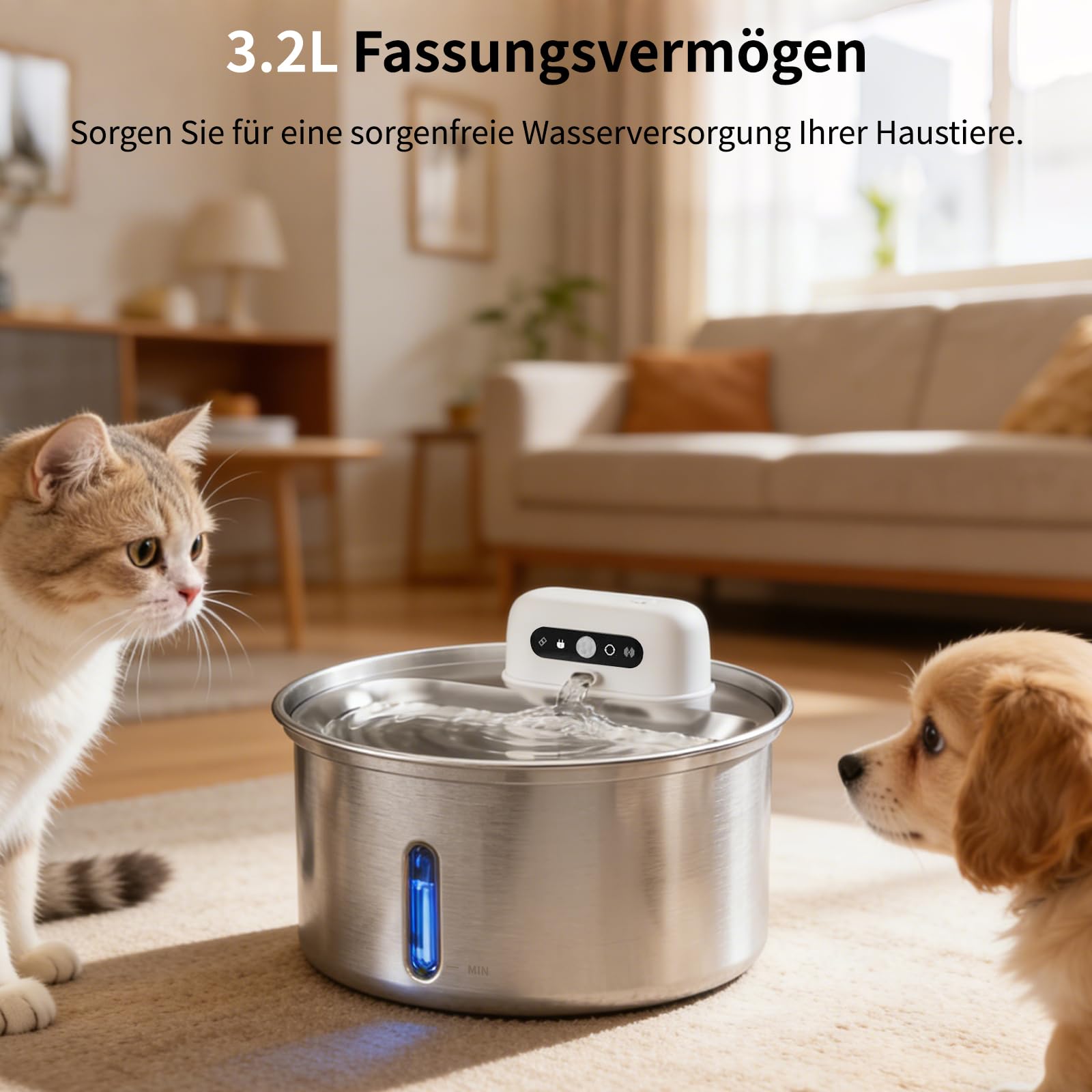 Katzenbrunnen Edelstahl 3.2L, Kabelloser Trinkbrunnen für Katze mit 4000mAh Akku, Wasserbrunnen für Katzen mit Bewegungsmelder, Leise & Spülmaschinenfester, Katzentrinkbrunnen für Hunde
