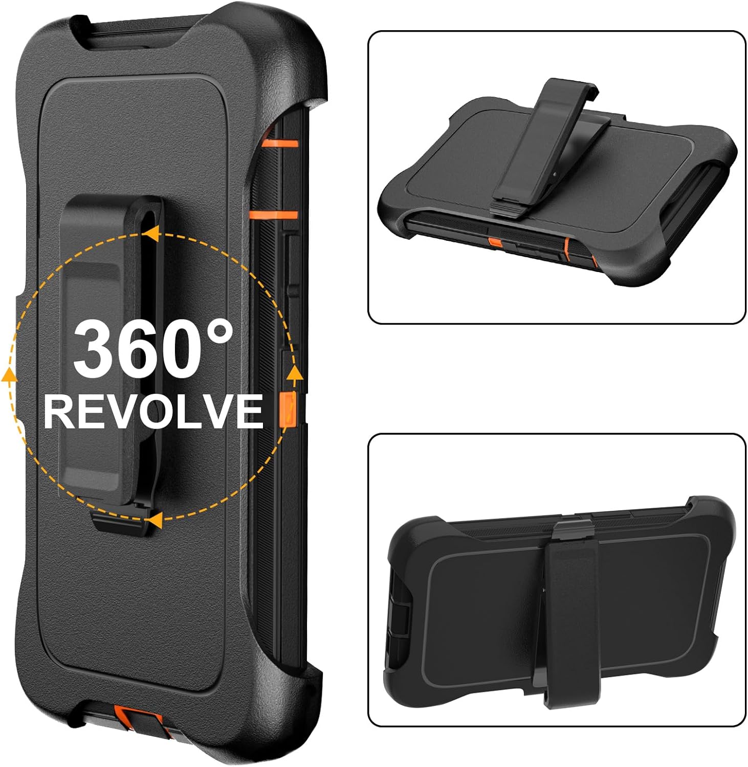 for iPhone 15 Pro Max Case 6.7" with Belt Clip Holster Kickstand, 2 Screen Protector & 2 Camera Lens Protector, Heavy Duty Full Body Protection Phone Case Cover(Belt Clip,Black+Orange) - Image 4