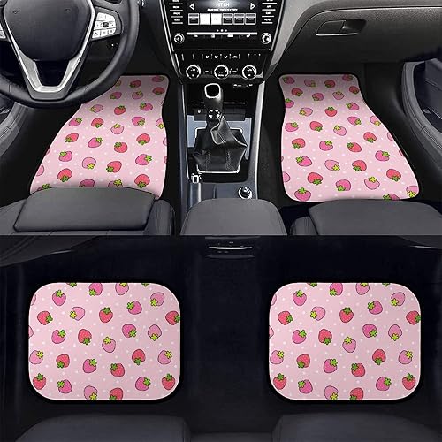 Miniatura 2 de Delerain Alfombrillas de coche de 4 piezas con diseño de fresa rosada, alfombra delantera y trasera, con parte trasera de goma, para todo tipo de
