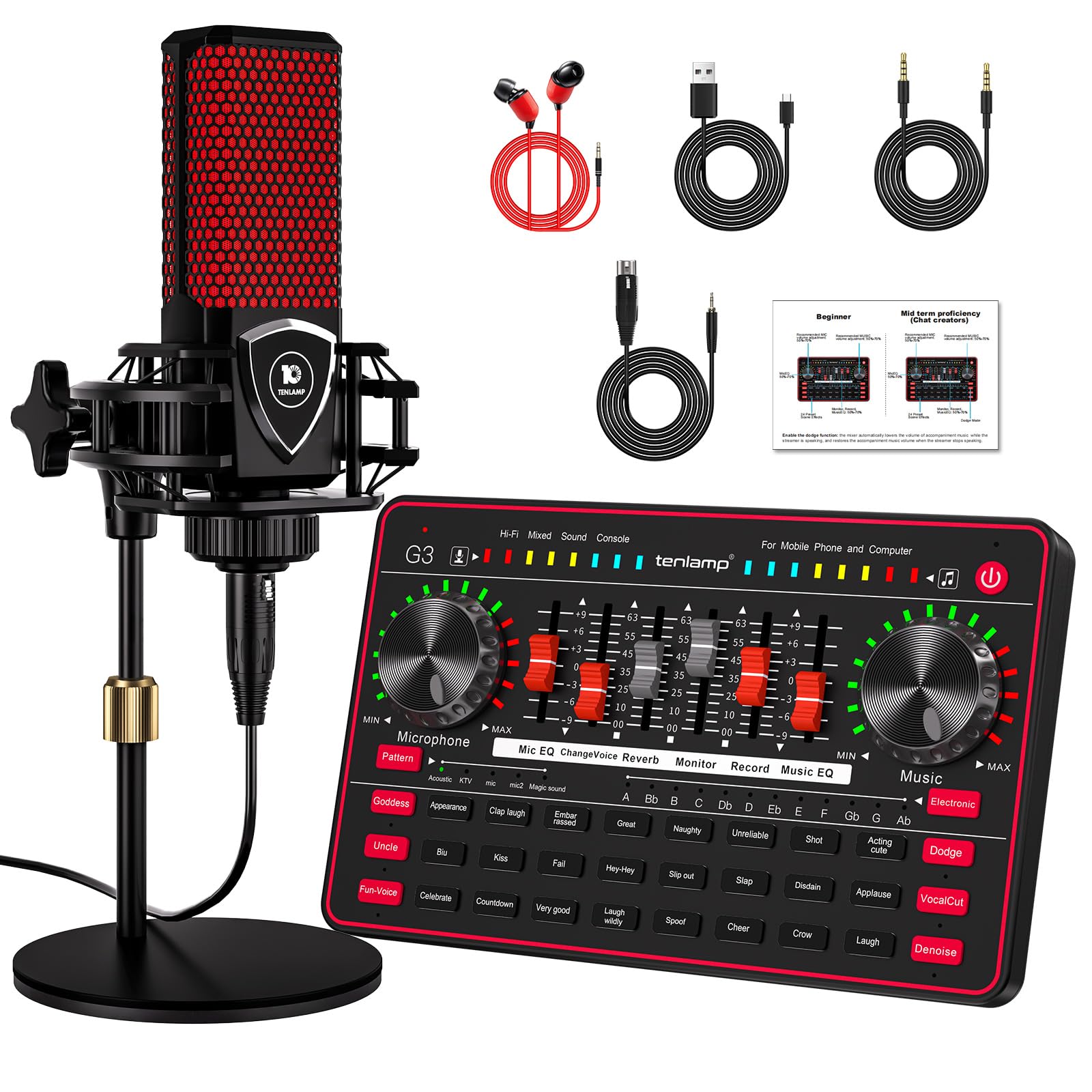 TENLAMP G3 Podcast-Equipment, Audio-Interface mit Soundeffekten, 3,5mm Kondensatormikrofon-Set, Tischstativ, Stimmenverzerrer, Rauschunterdrückung, für PC, Handy, Gaming, Gesang, Live-Streaming